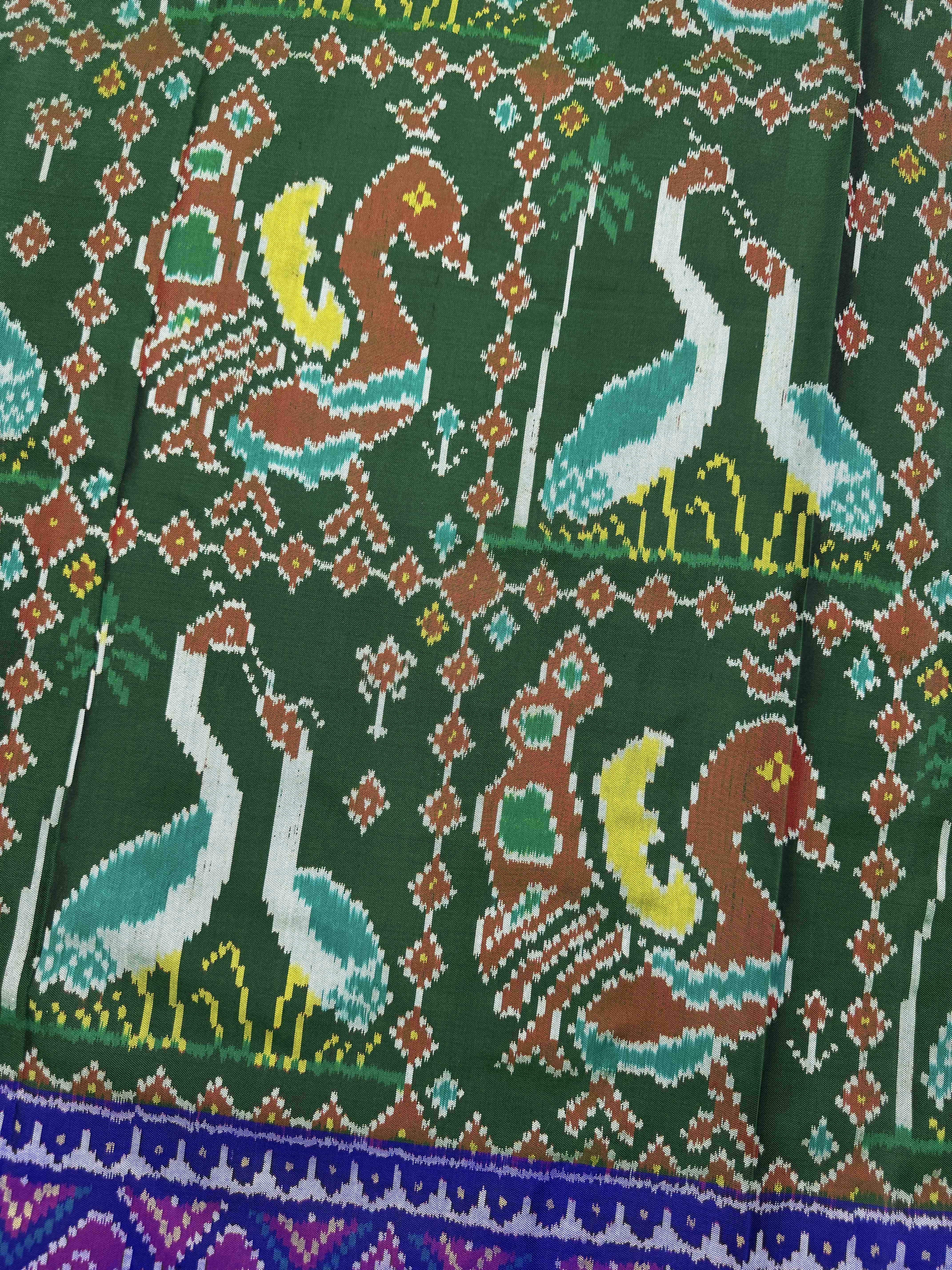 Blue & Green Big Figure Peacock Swan Single Ikat Patan Patola Saree