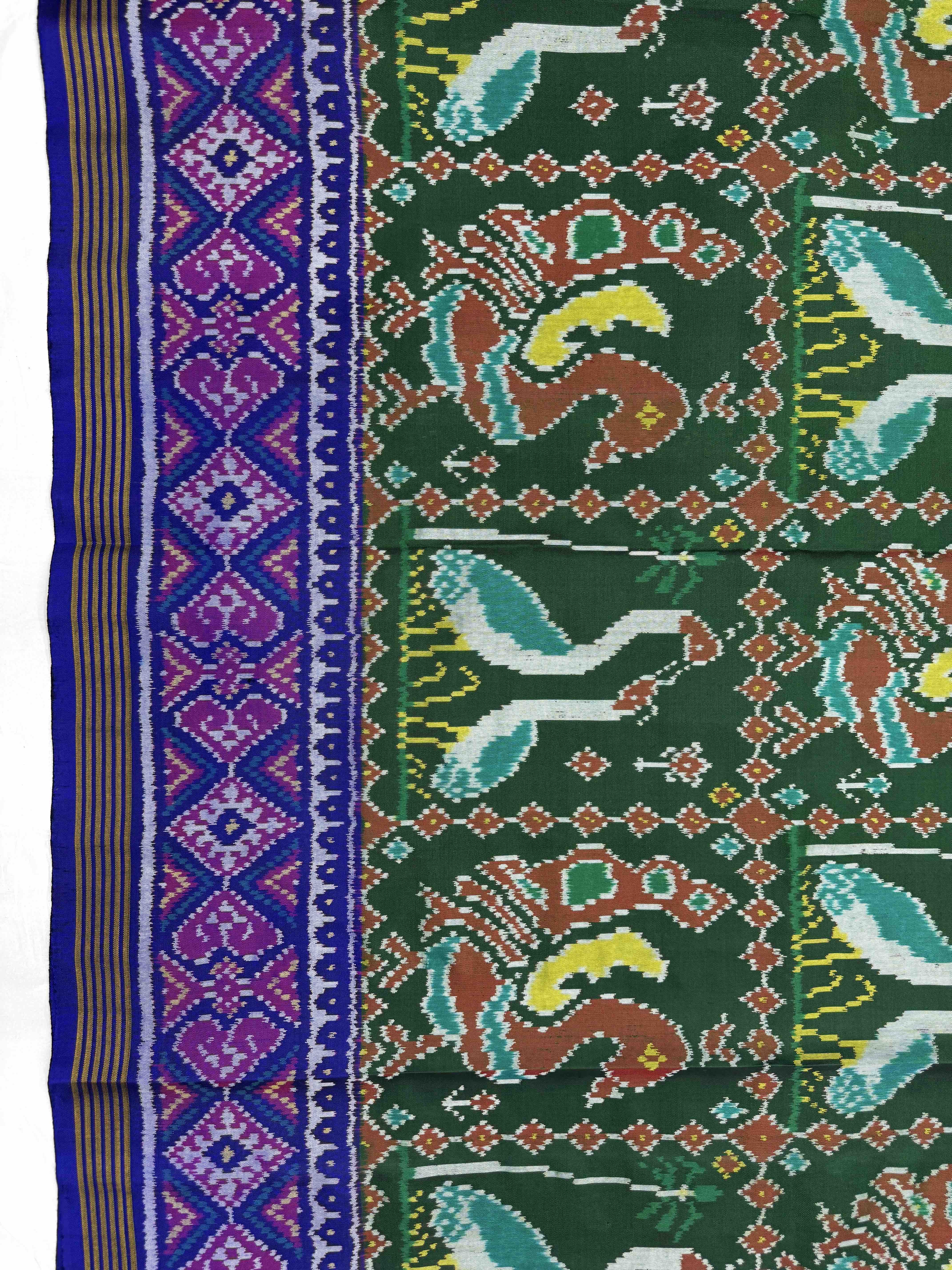 Blue & Green Big Figure Peacock Swan Single Ikat Patan Patola Saree