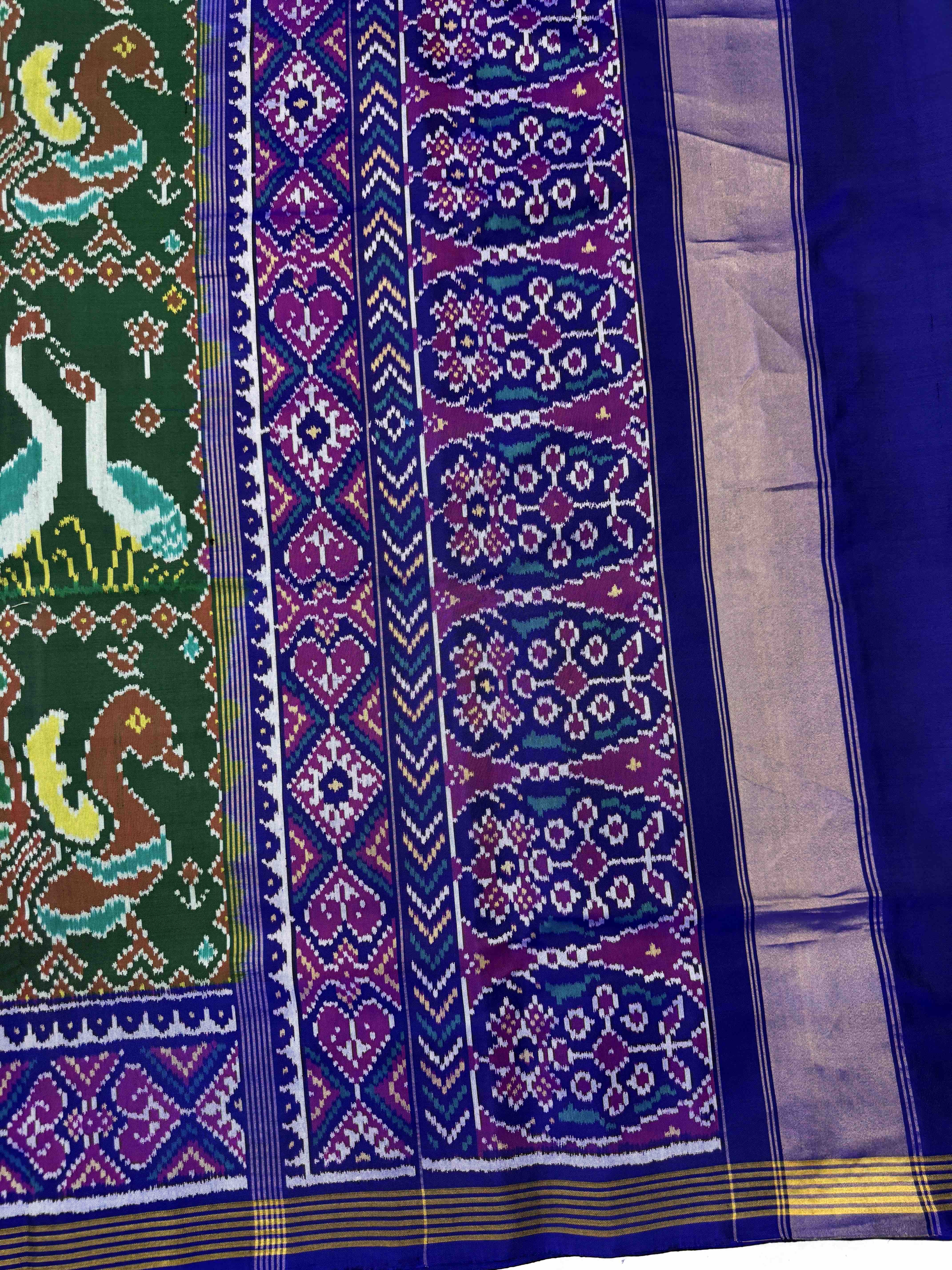 Blue & Green Big Figure Peacock Swan Single Ikat Patan Patola Saree