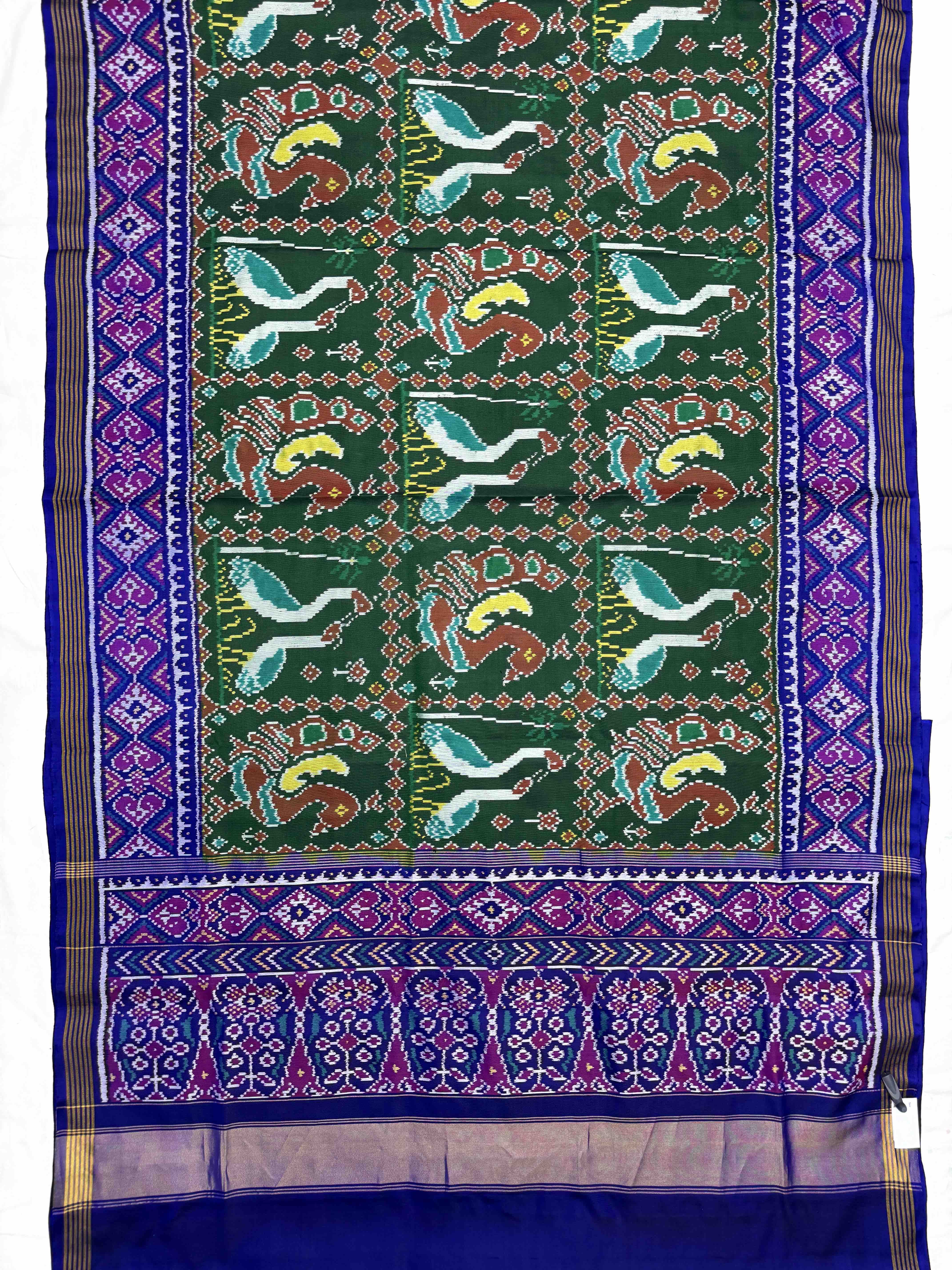 Blue & Green Big Figure Peacock Swan Single Ikat Patan Patola Saree