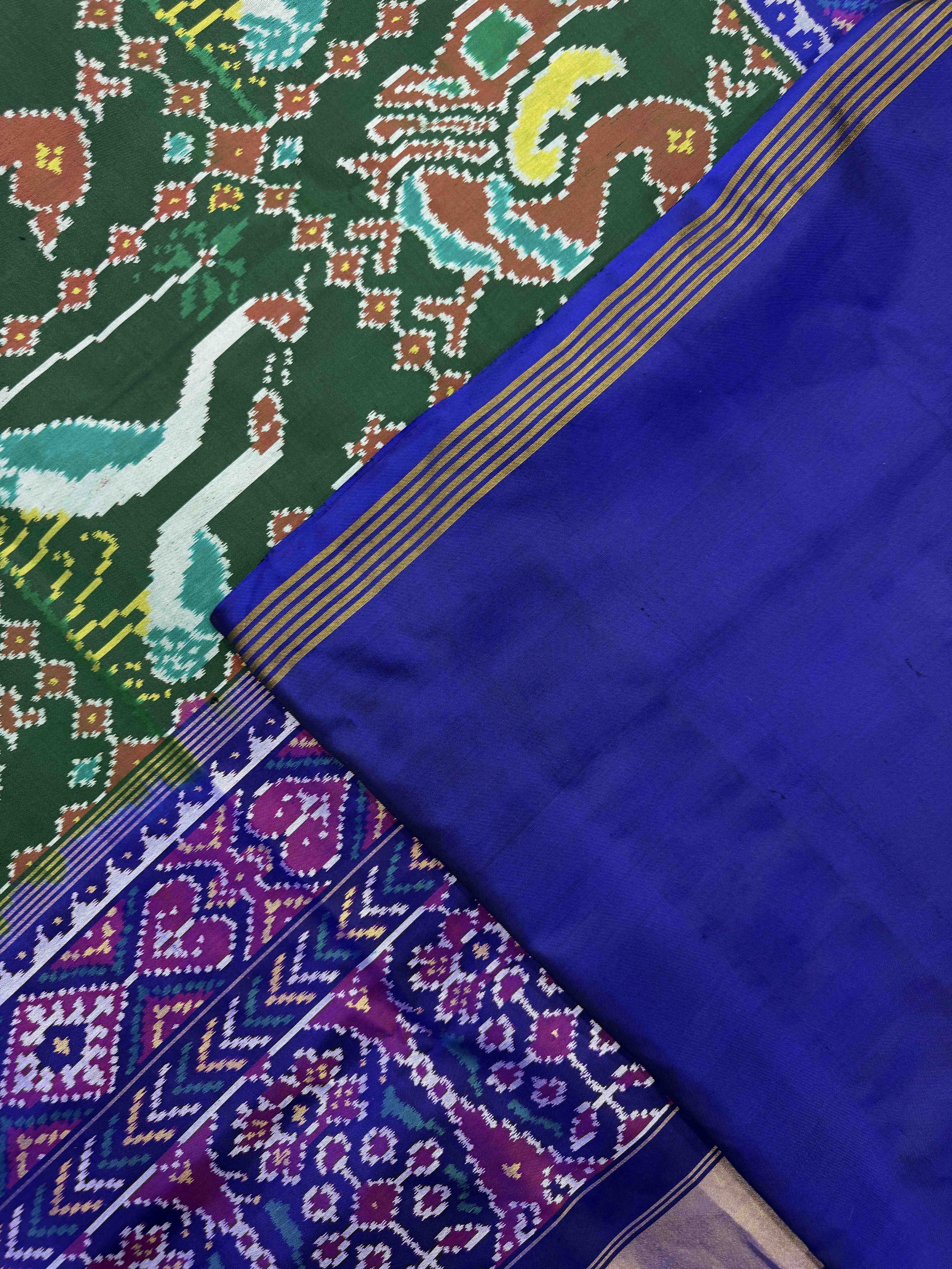 Blue & Green Big Figure Peacock Swan Single Ikat Patan Patola Saree