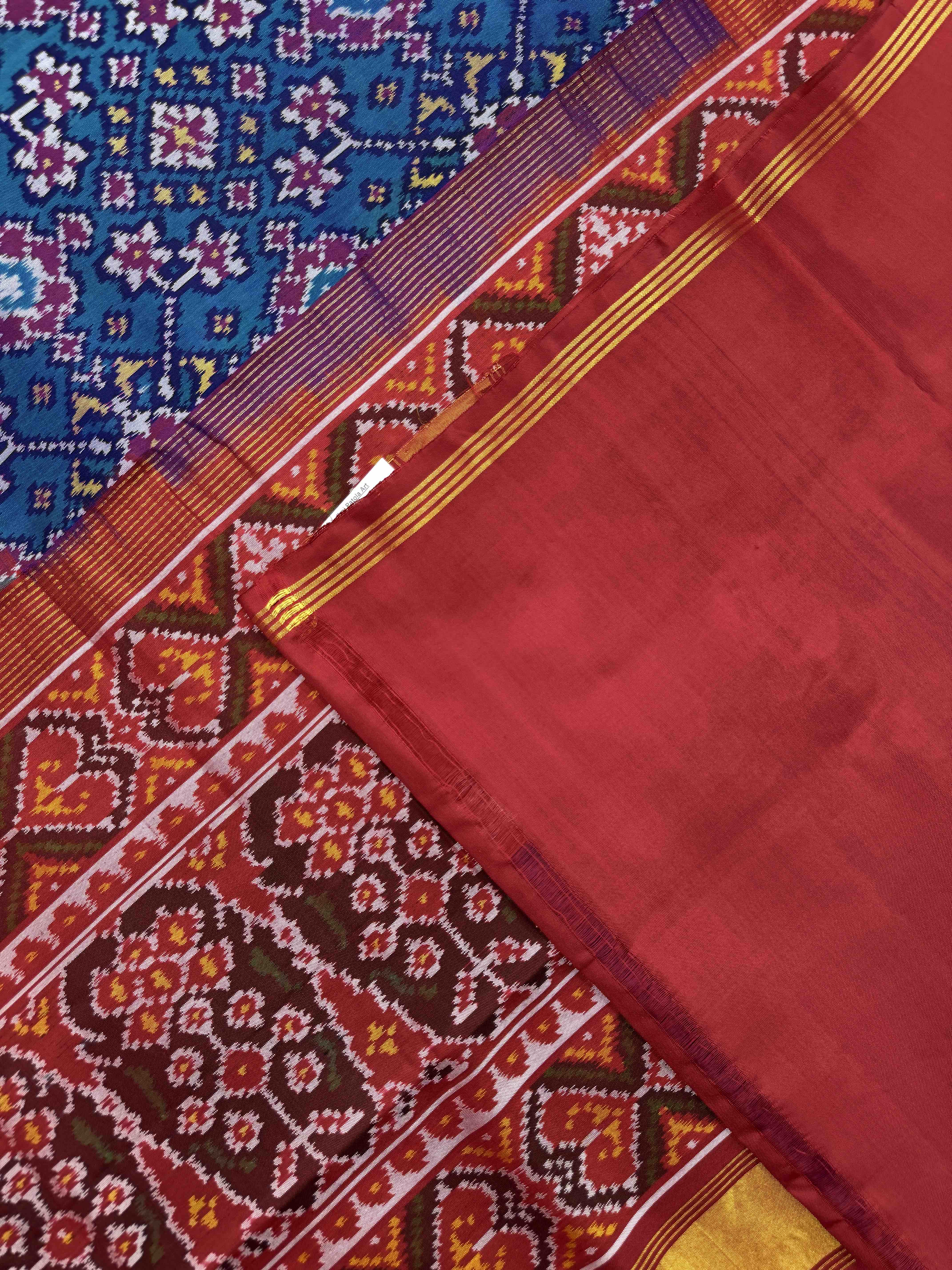 Red & Turquoise Navratan Single Ikat Patan Patola Saree