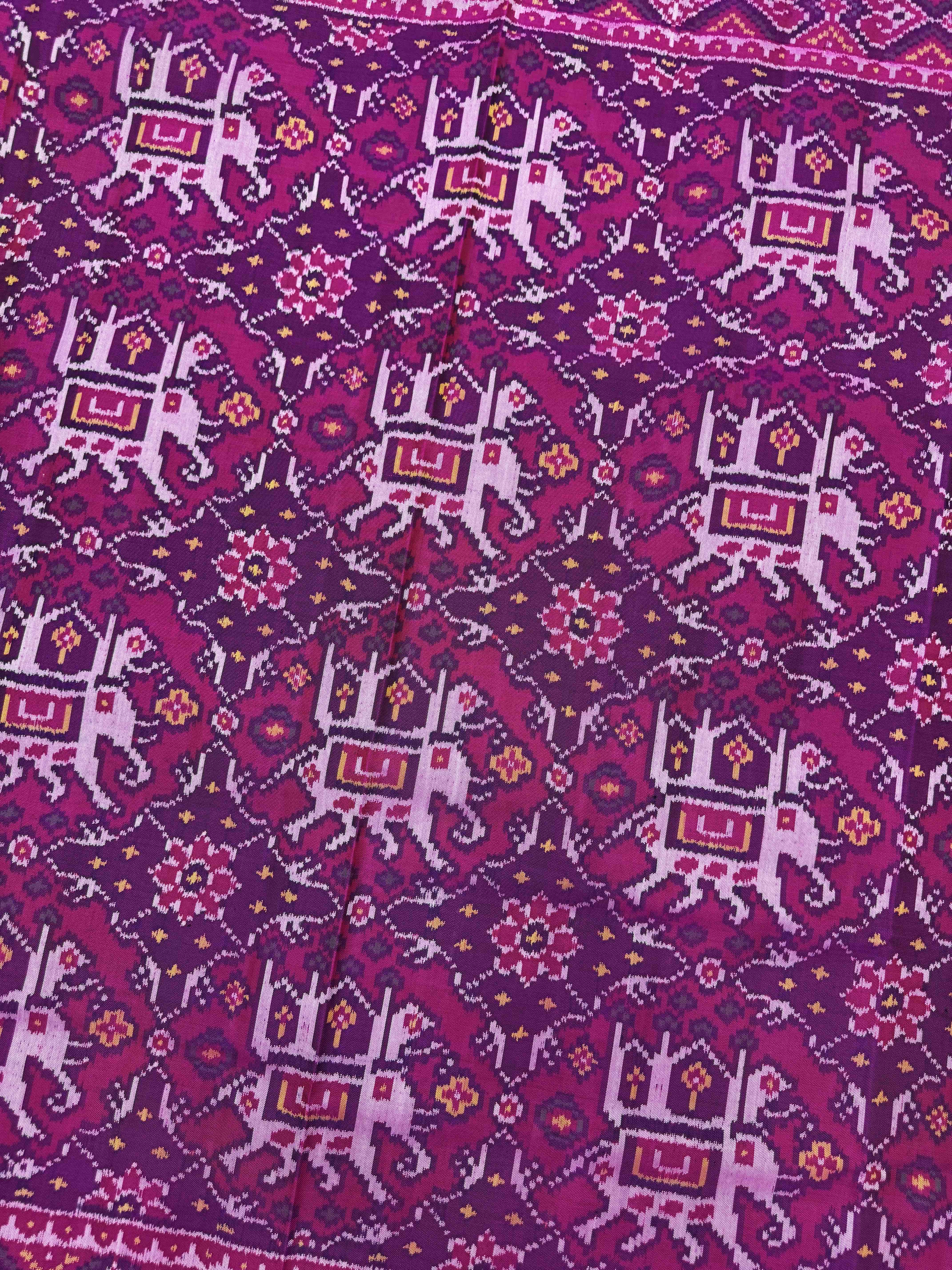 Pink & Purple Big Figure Elephant Chhabdi Single Ikat Patan Patola Saree