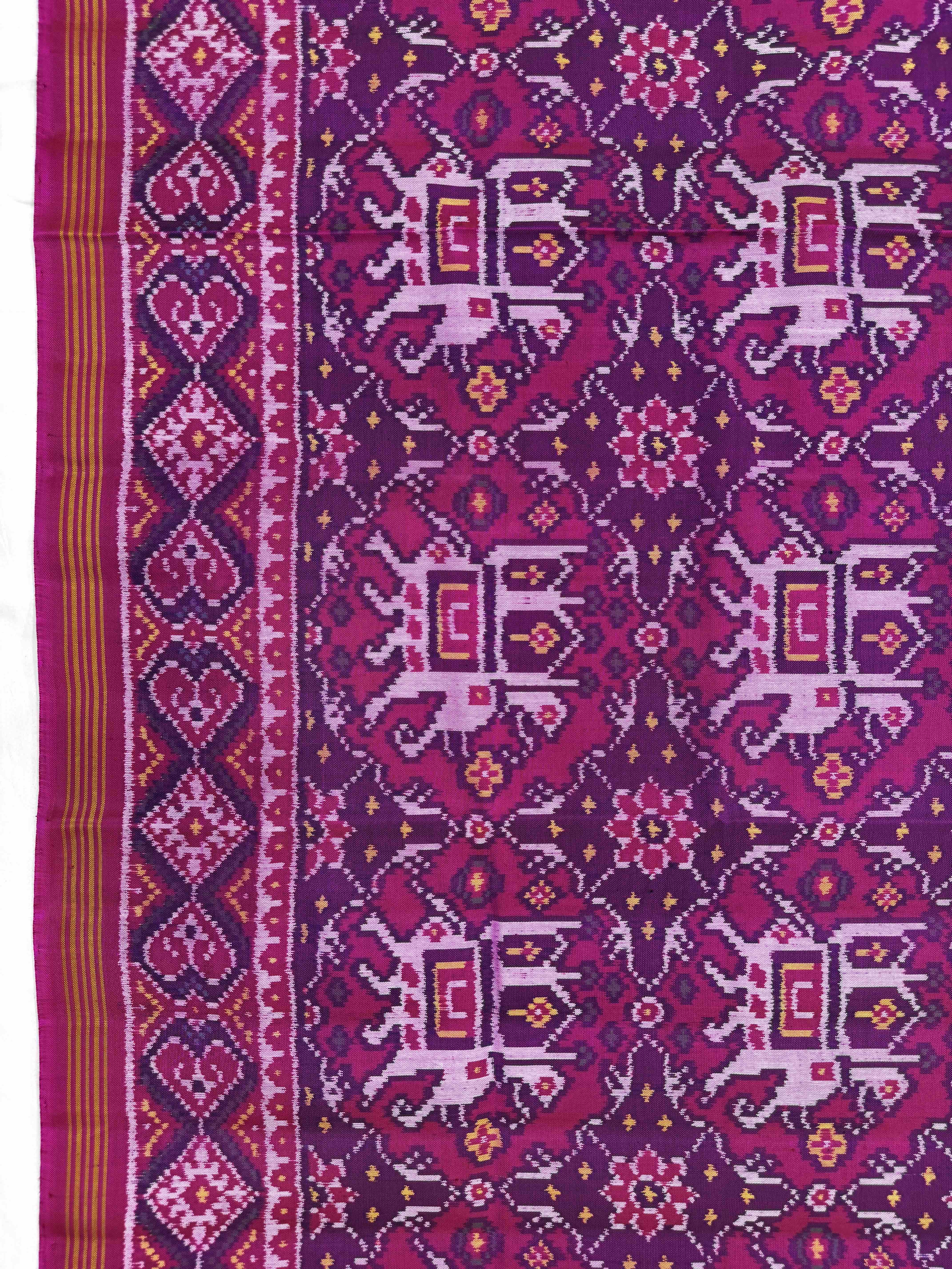 Pink & Purple Big Figure Elephant Chhabdi Single Ikat Patan Patola Saree