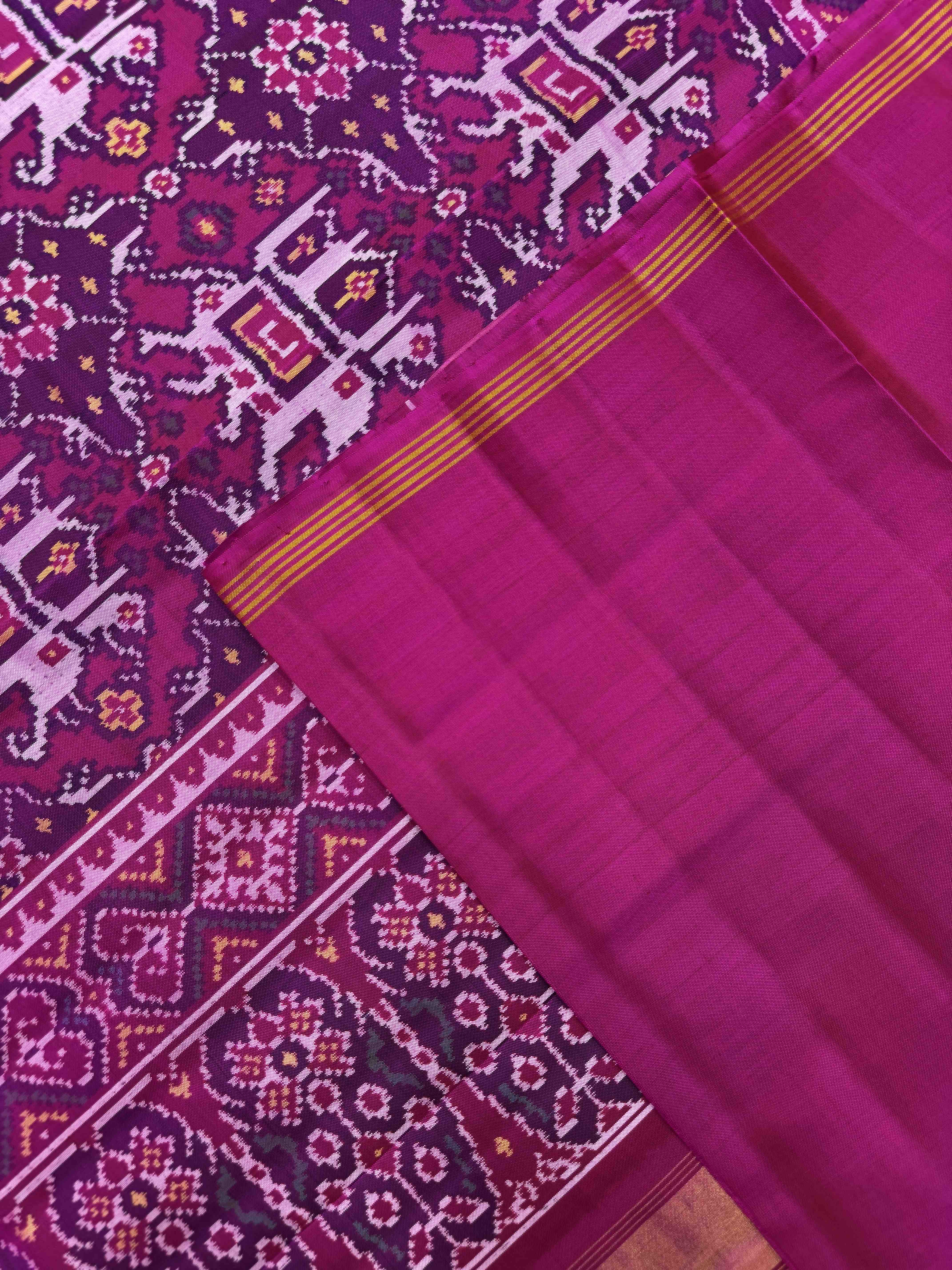 Pink & Purple Big Figure Elephant Chhabdi Single Ikat Patan Patola Saree