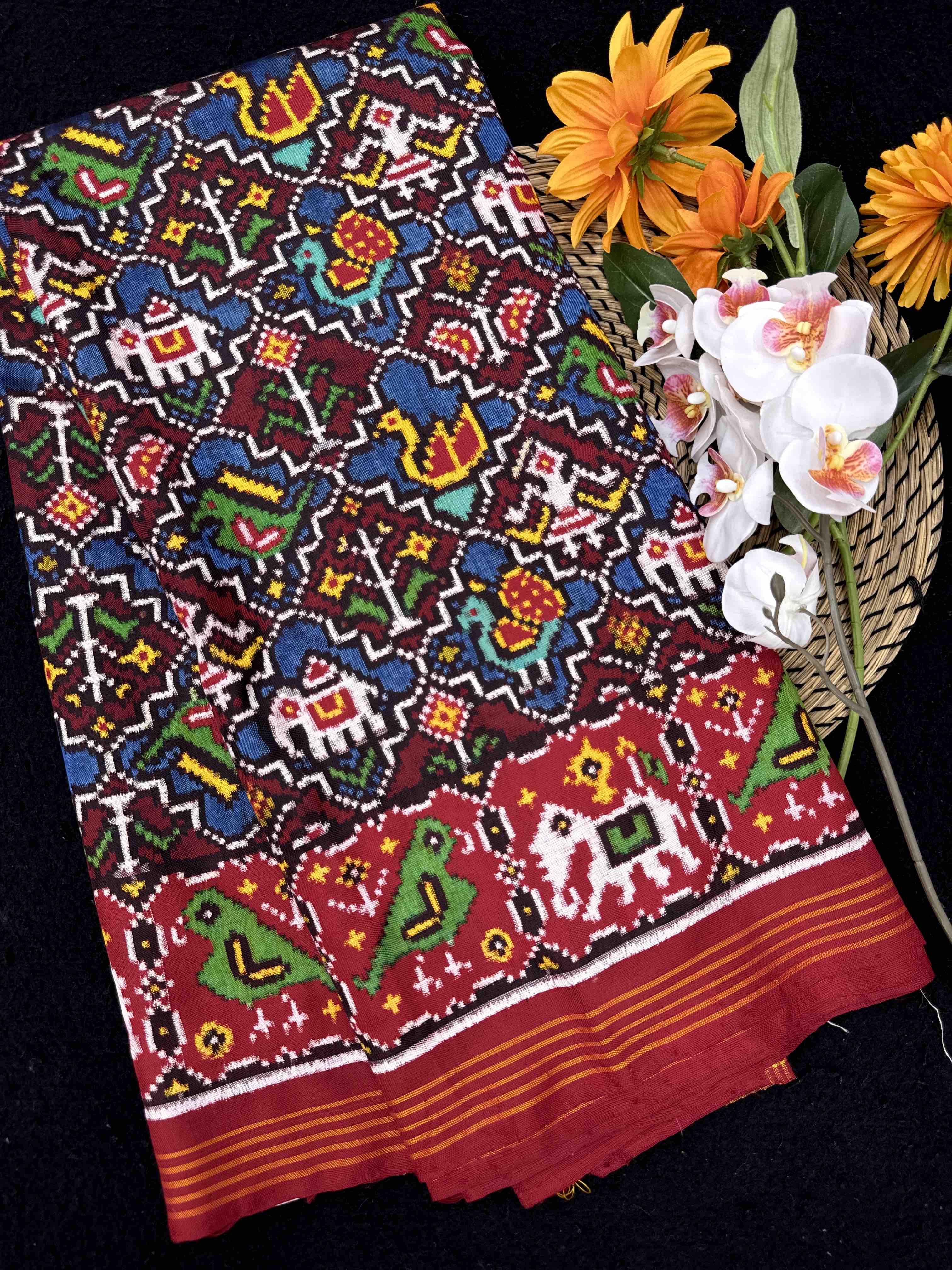 Red & Blue with Maroon Small Narikunj Double Ikat Patan Patola Saree