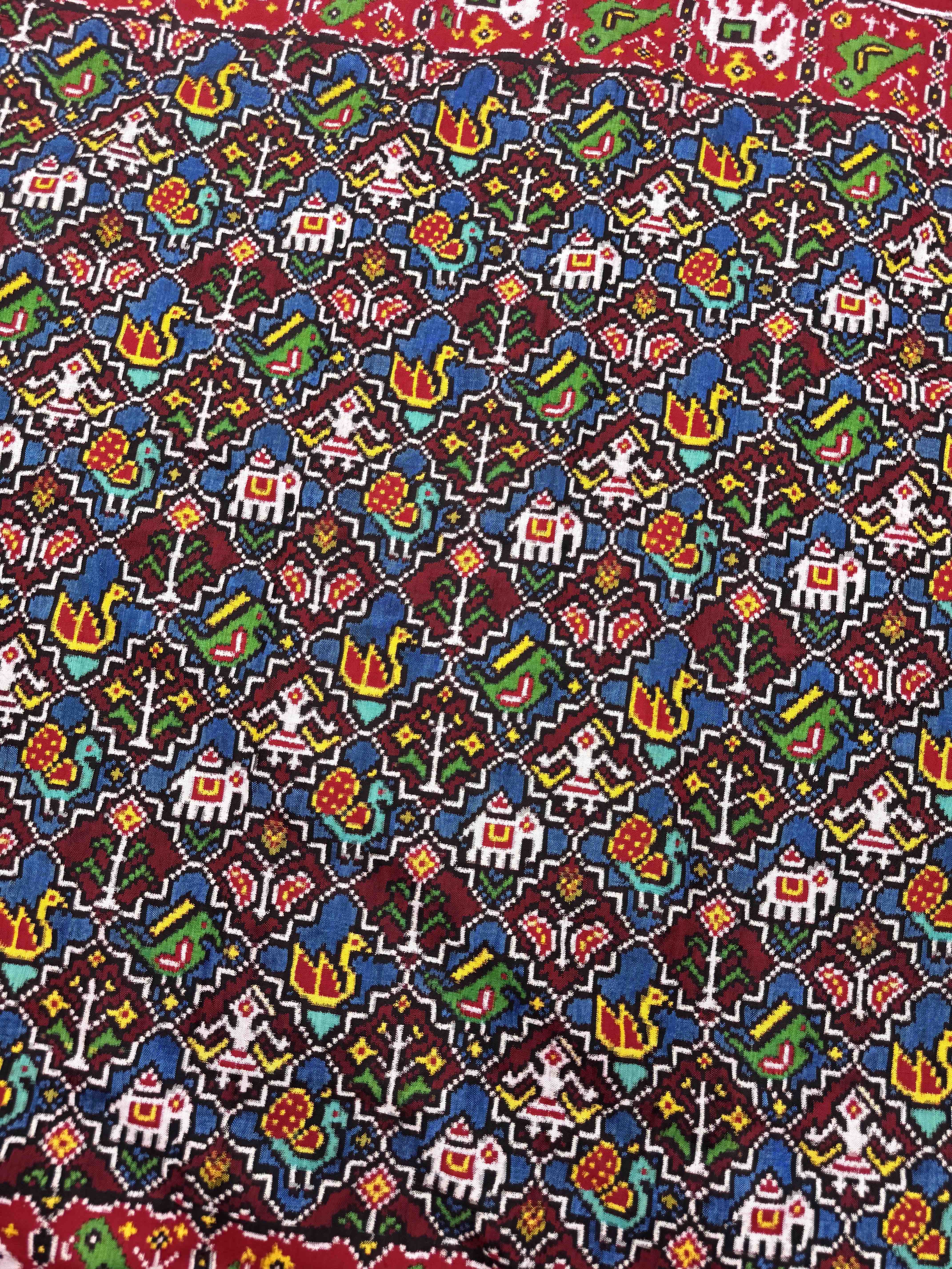Red & Blue with Maroon Small Narikunj Double Ikat Patan Patola Saree