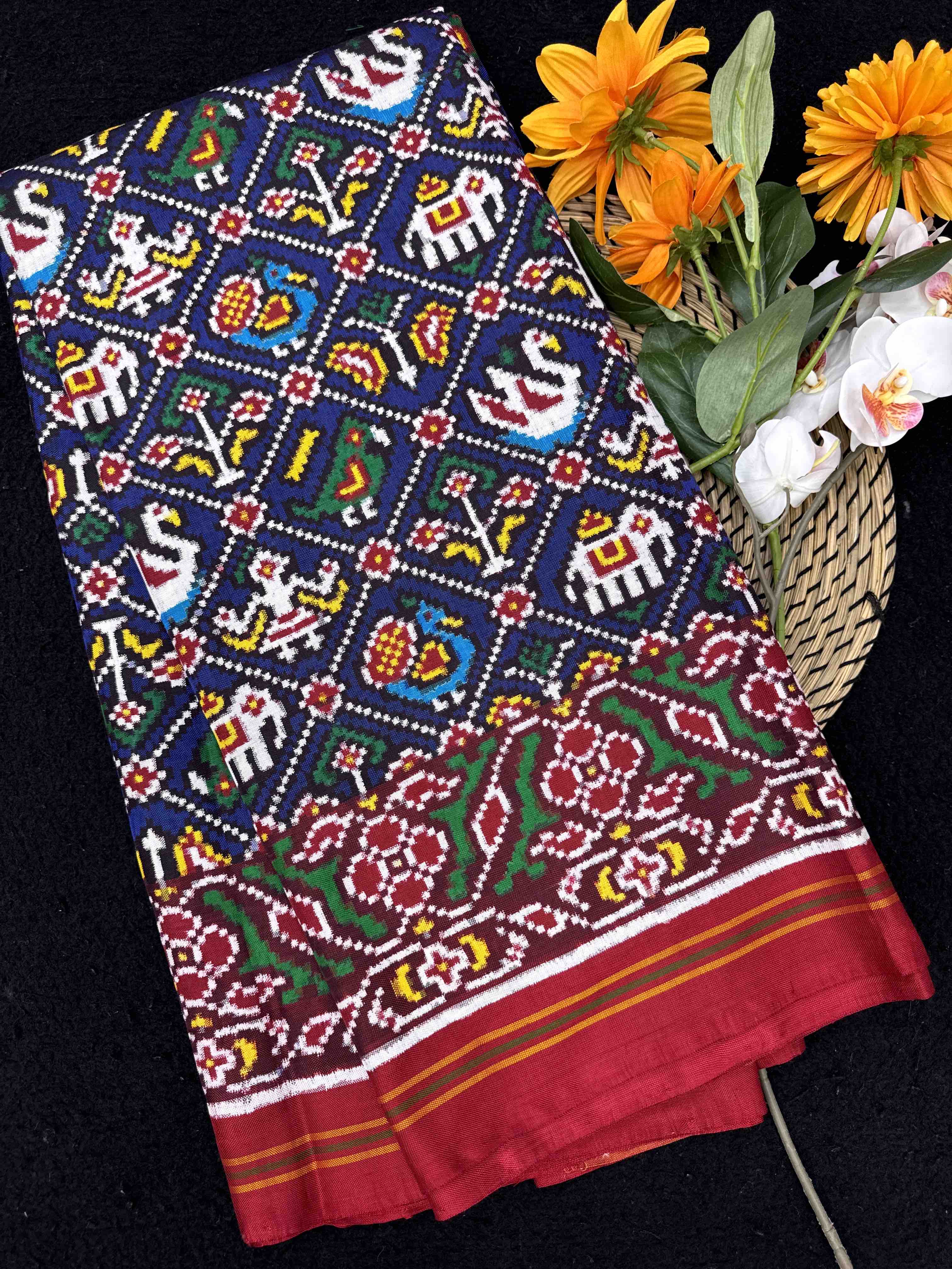 Red & Blue Small Narikunj Double Ikat Patan Patola Saree