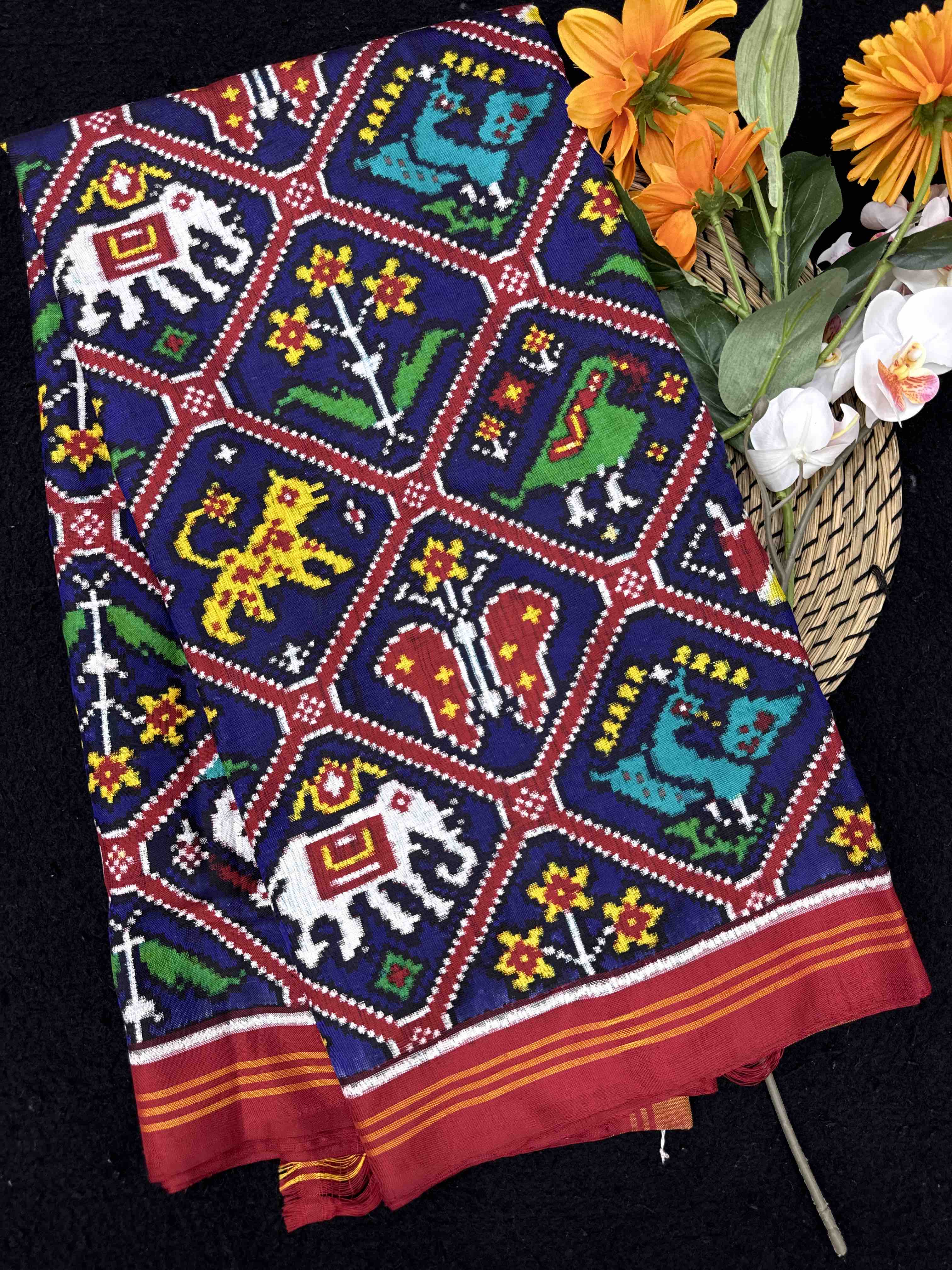 Red & Blue Narikunj Double Ikat Patan Patola Saree