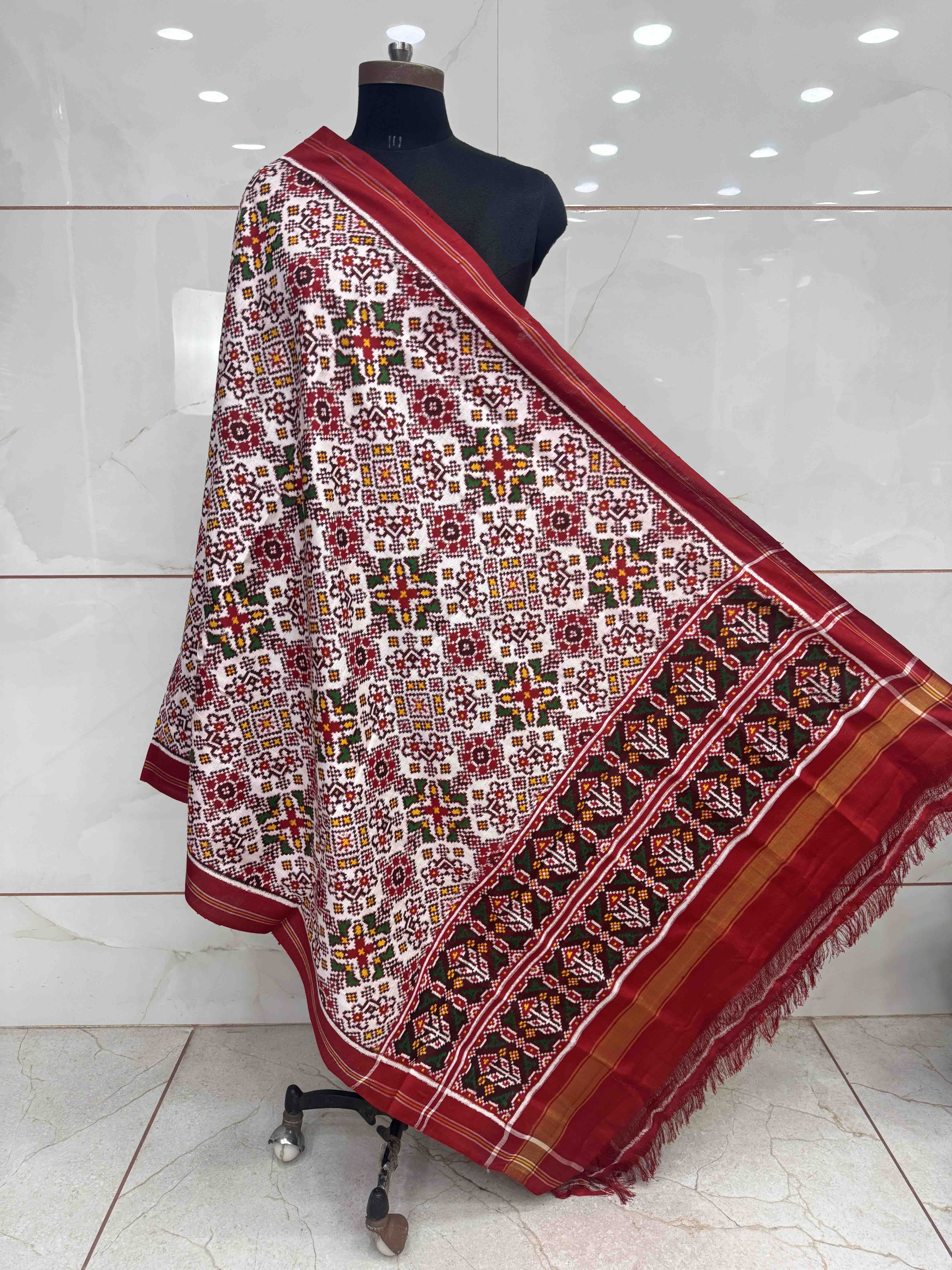 Red & White Navratan Double Ikat Dupatta