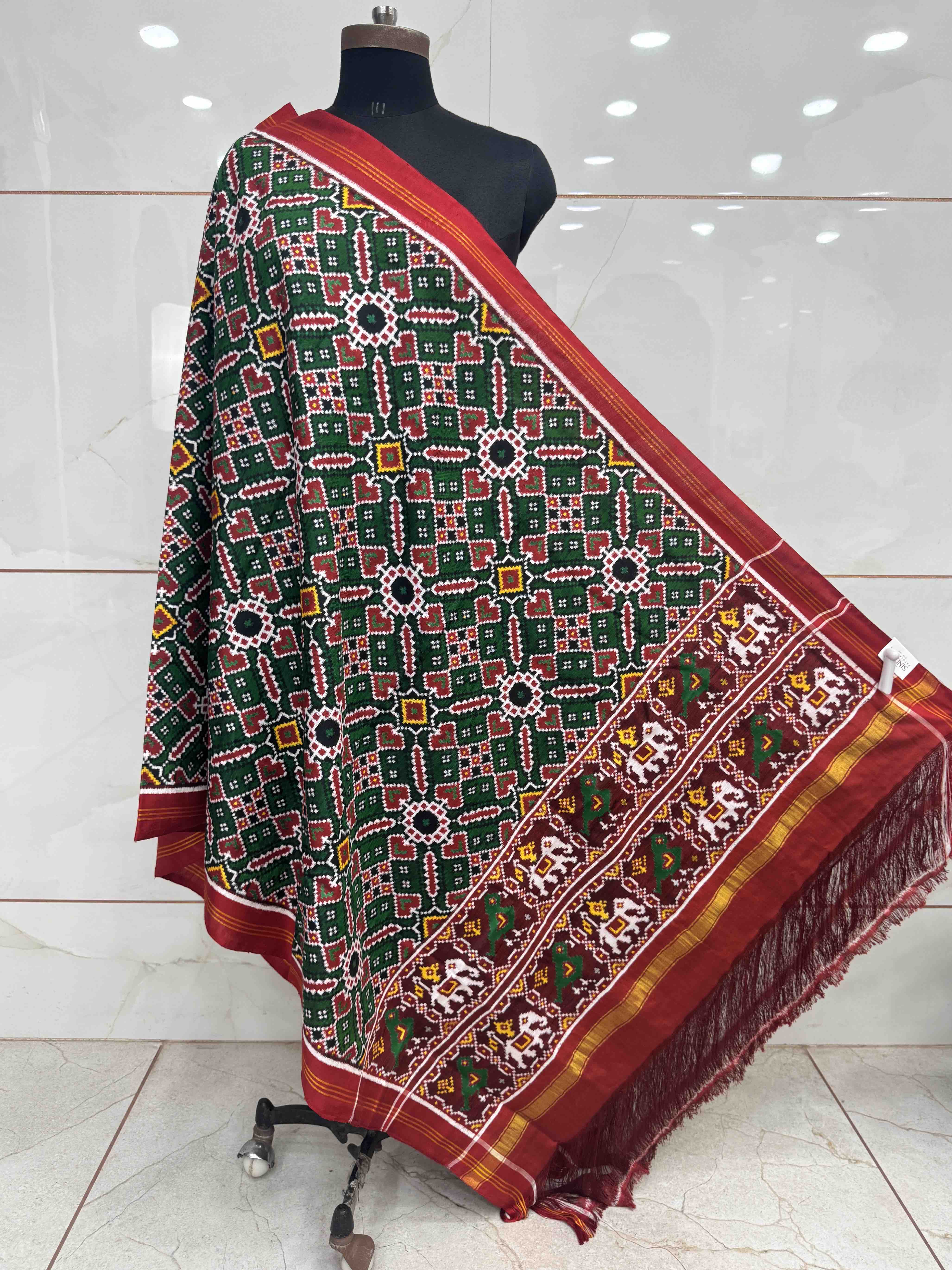 Red & Green Manekchowk Double Ikat Dupatta