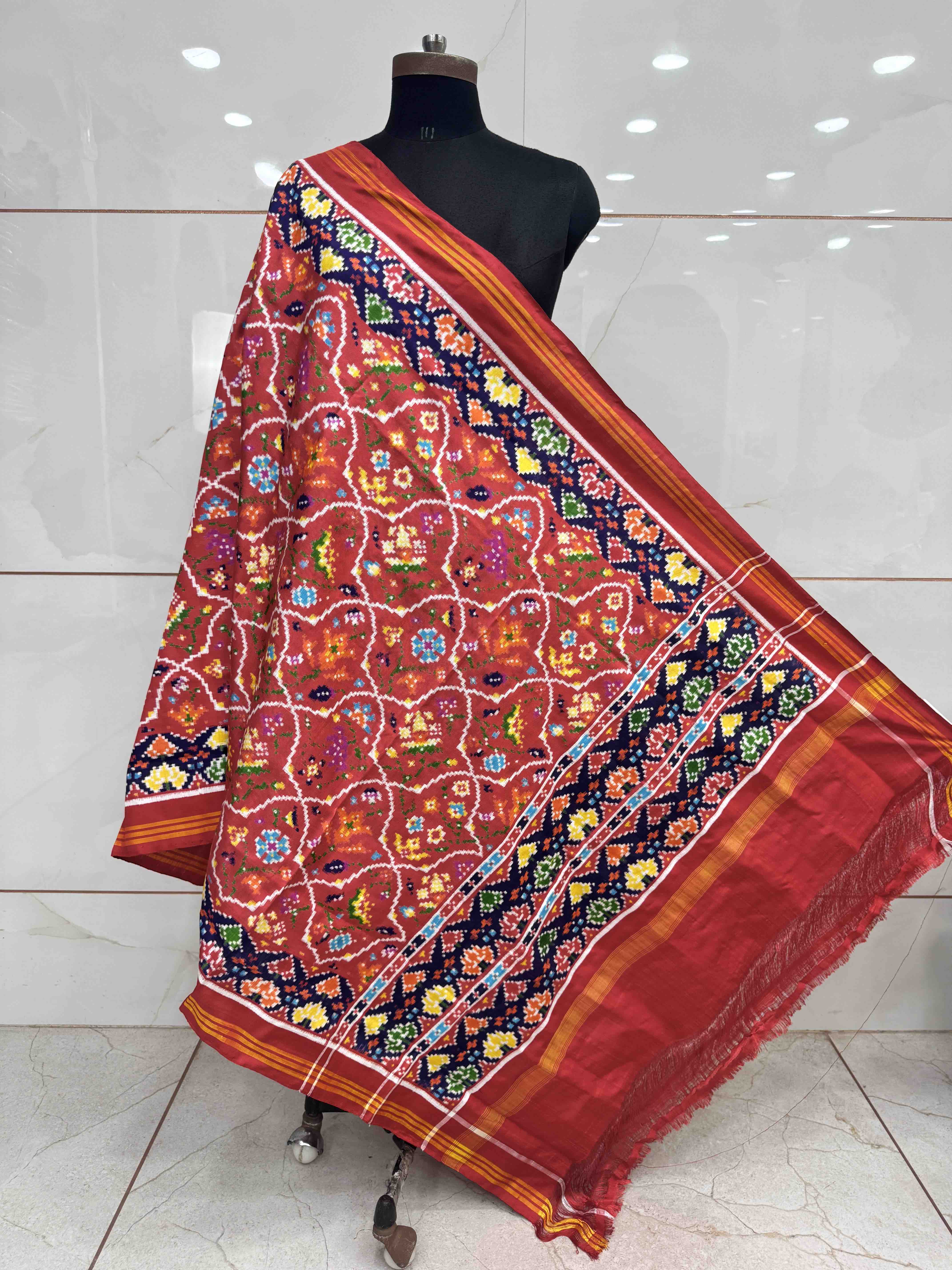 Red & Dark Carrot Fancy Flower Double Ikat Dupatta