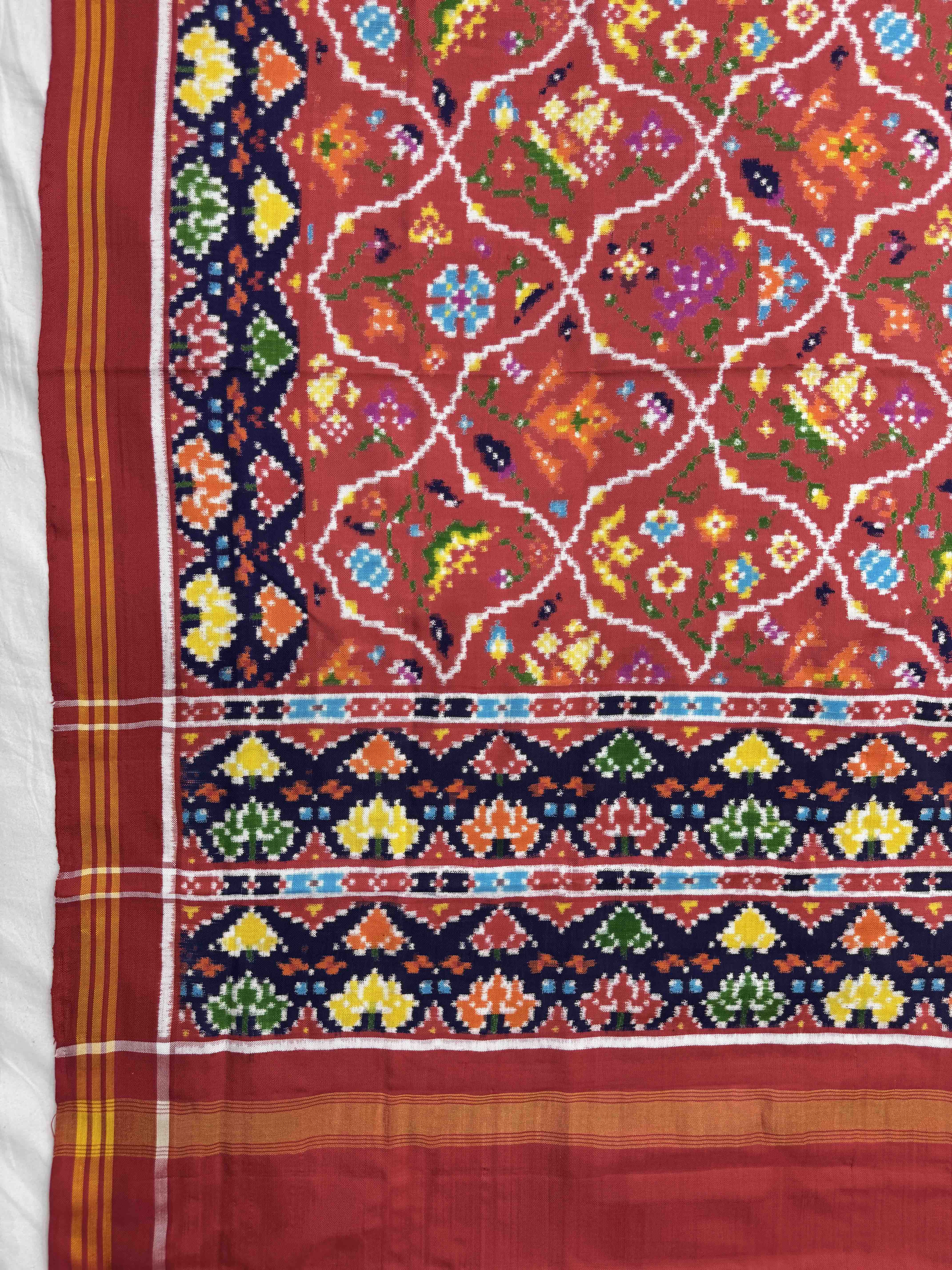 Red & Dark Carrot Fancy Flower Double Ikat Dupatta