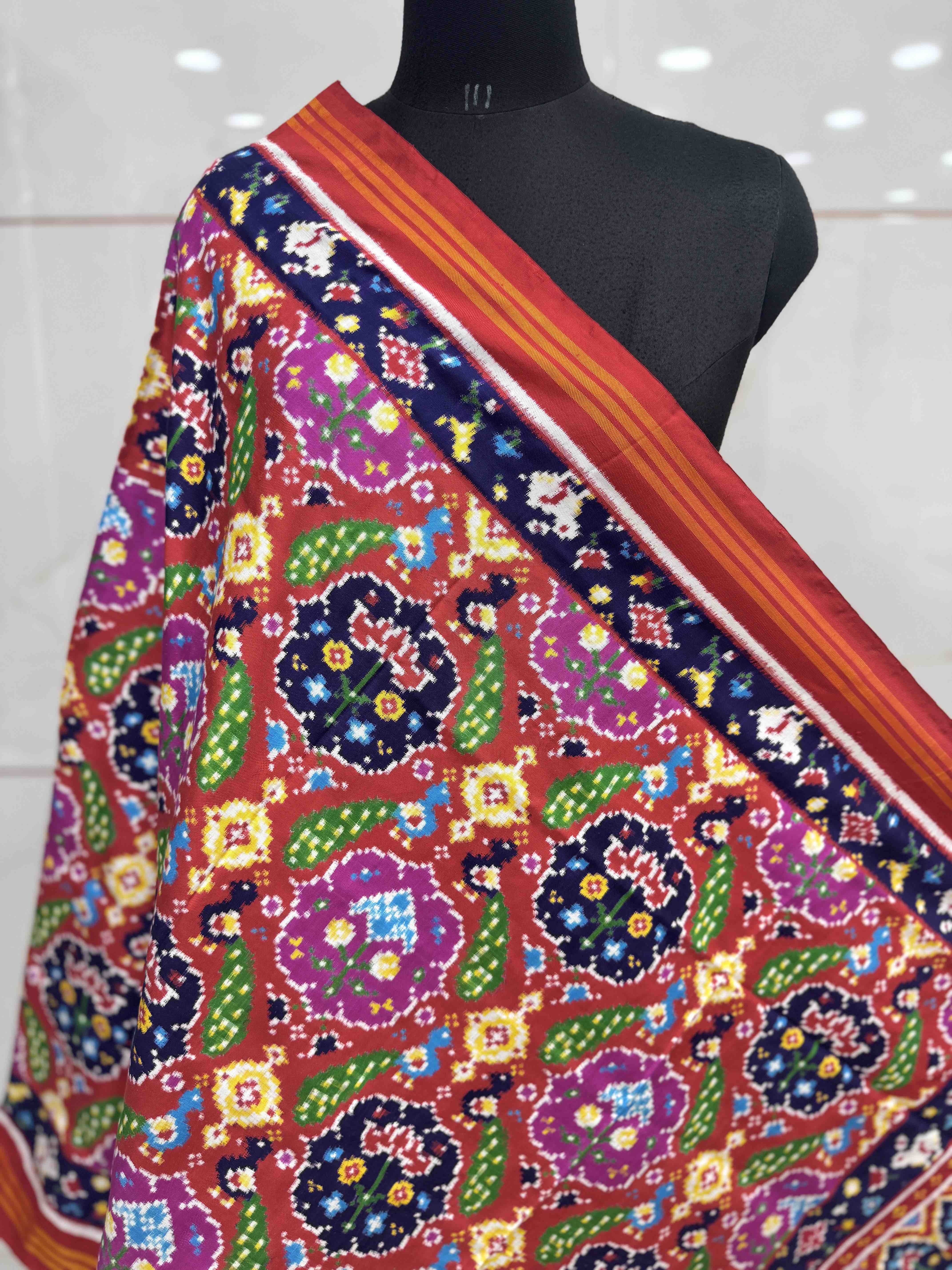 Red & Dark Carrot Peacock Figure Double Ikat Dupatta