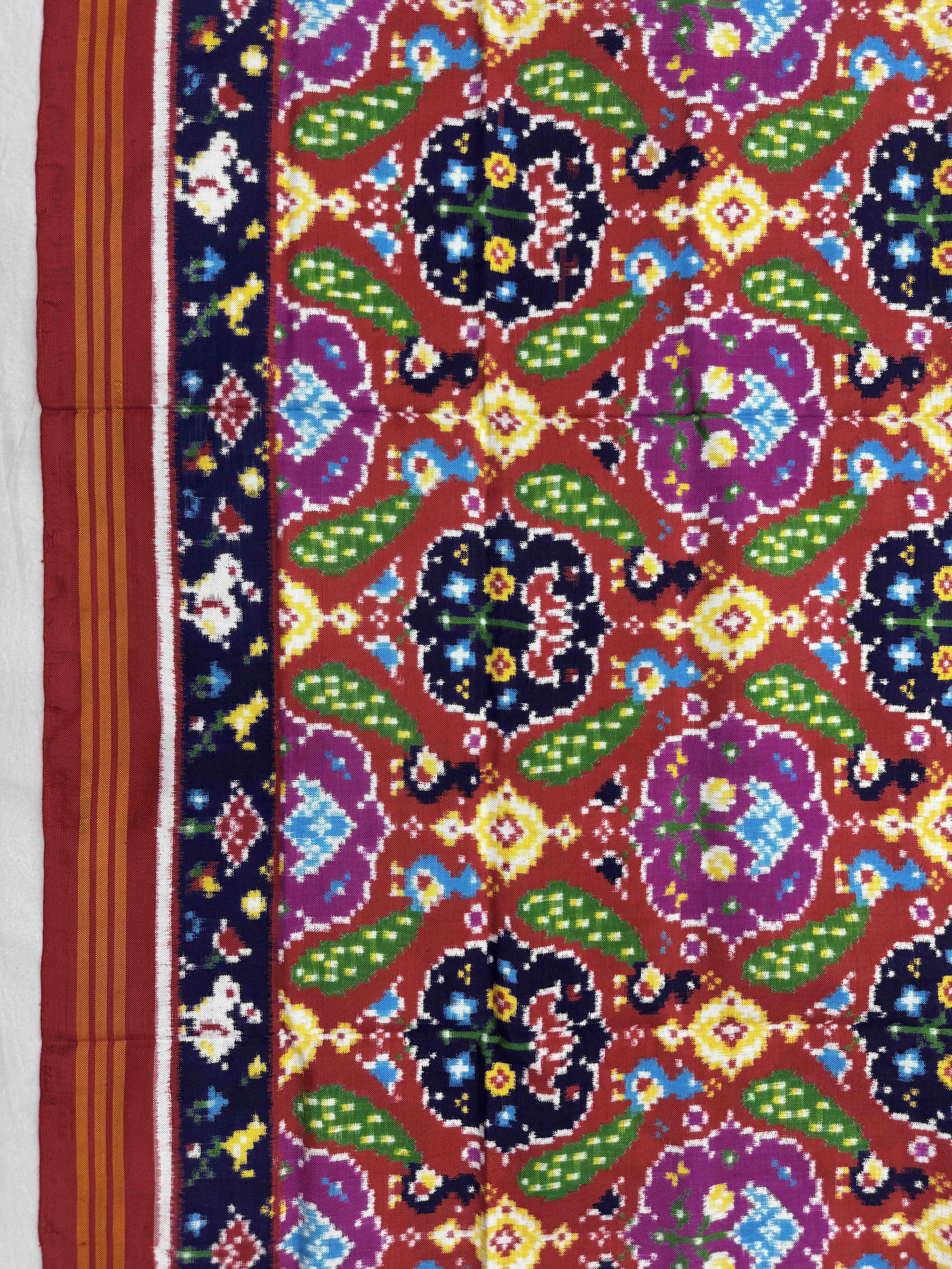 Red & Dark Carrot Peacock Figure Double Ikat Dupatta