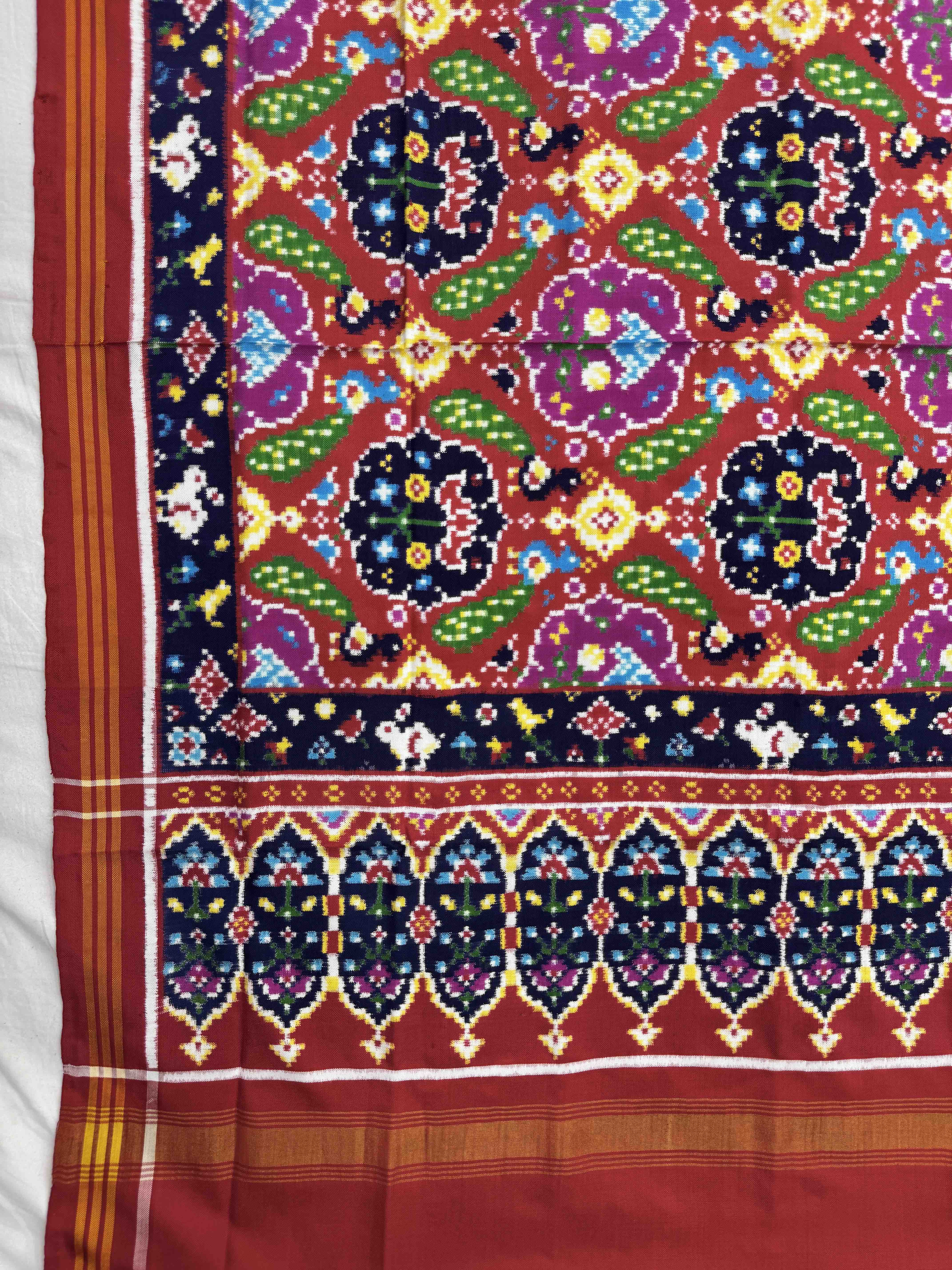 Red & Dark Carrot Peacock Figure Double Ikat Dupatta