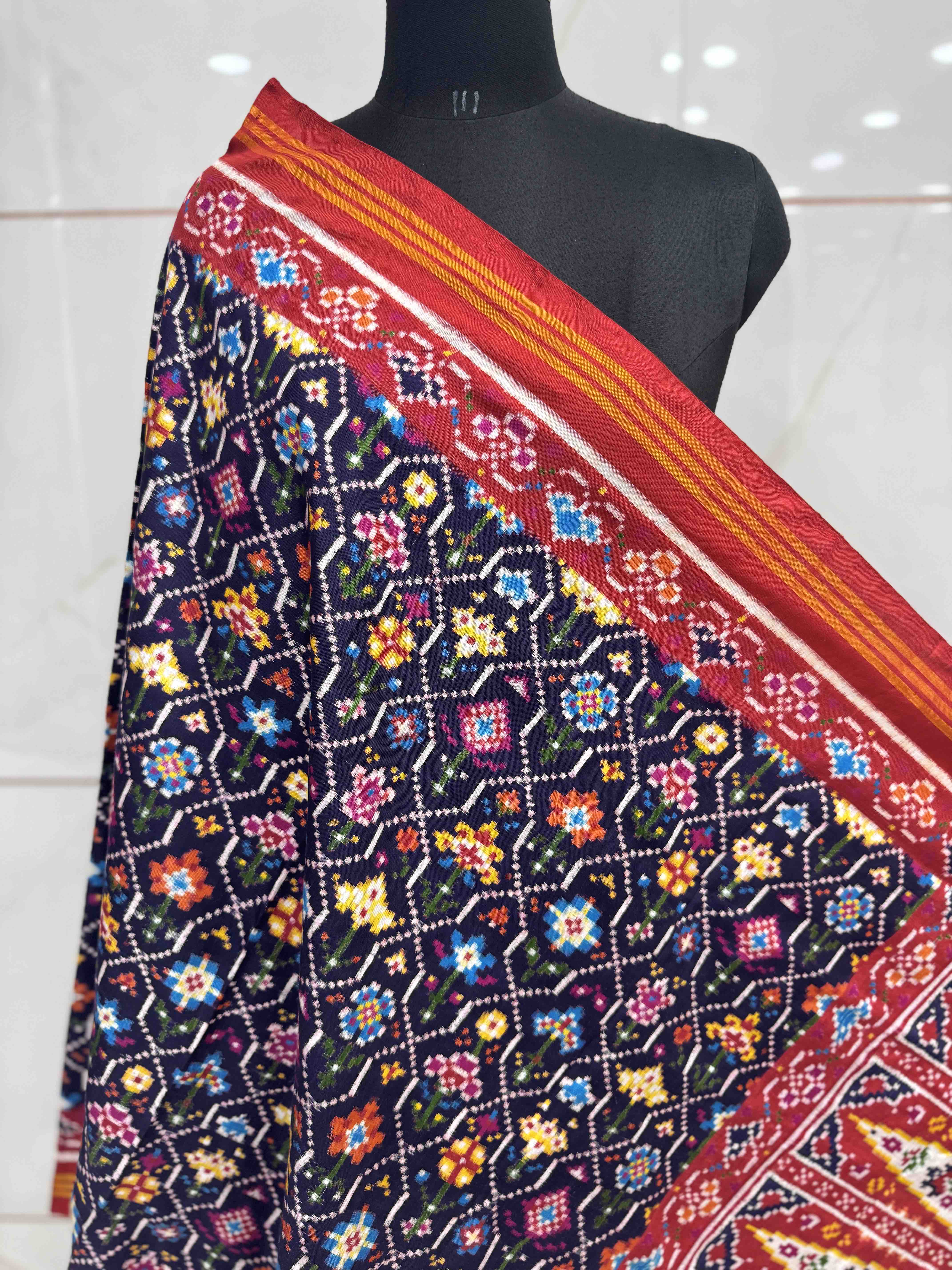 Red & Dark Blue Fancy Flower Double Ikat Dupatta