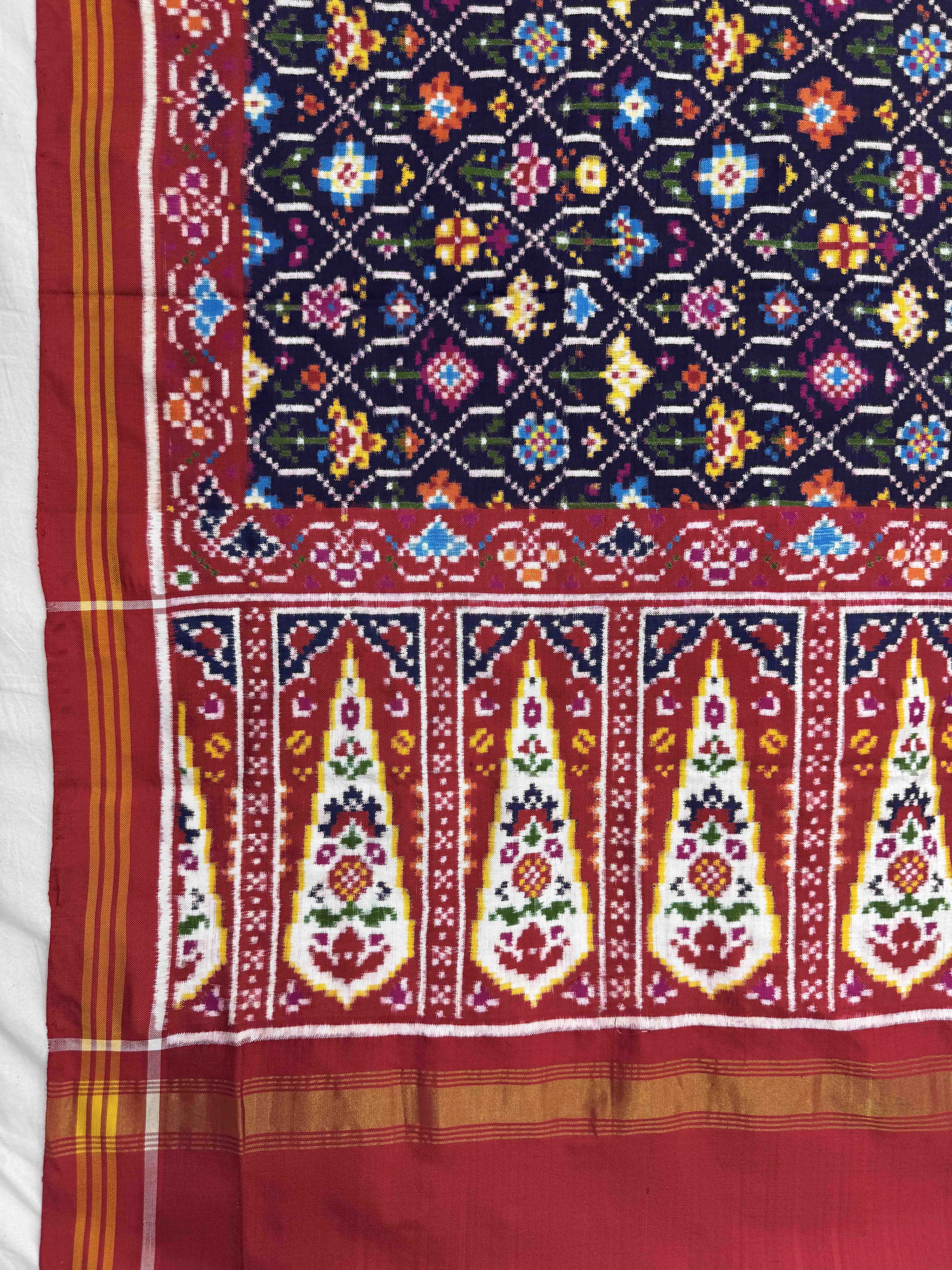 Red & Dark Blue Fancy Flower Double Ikat Dupatta