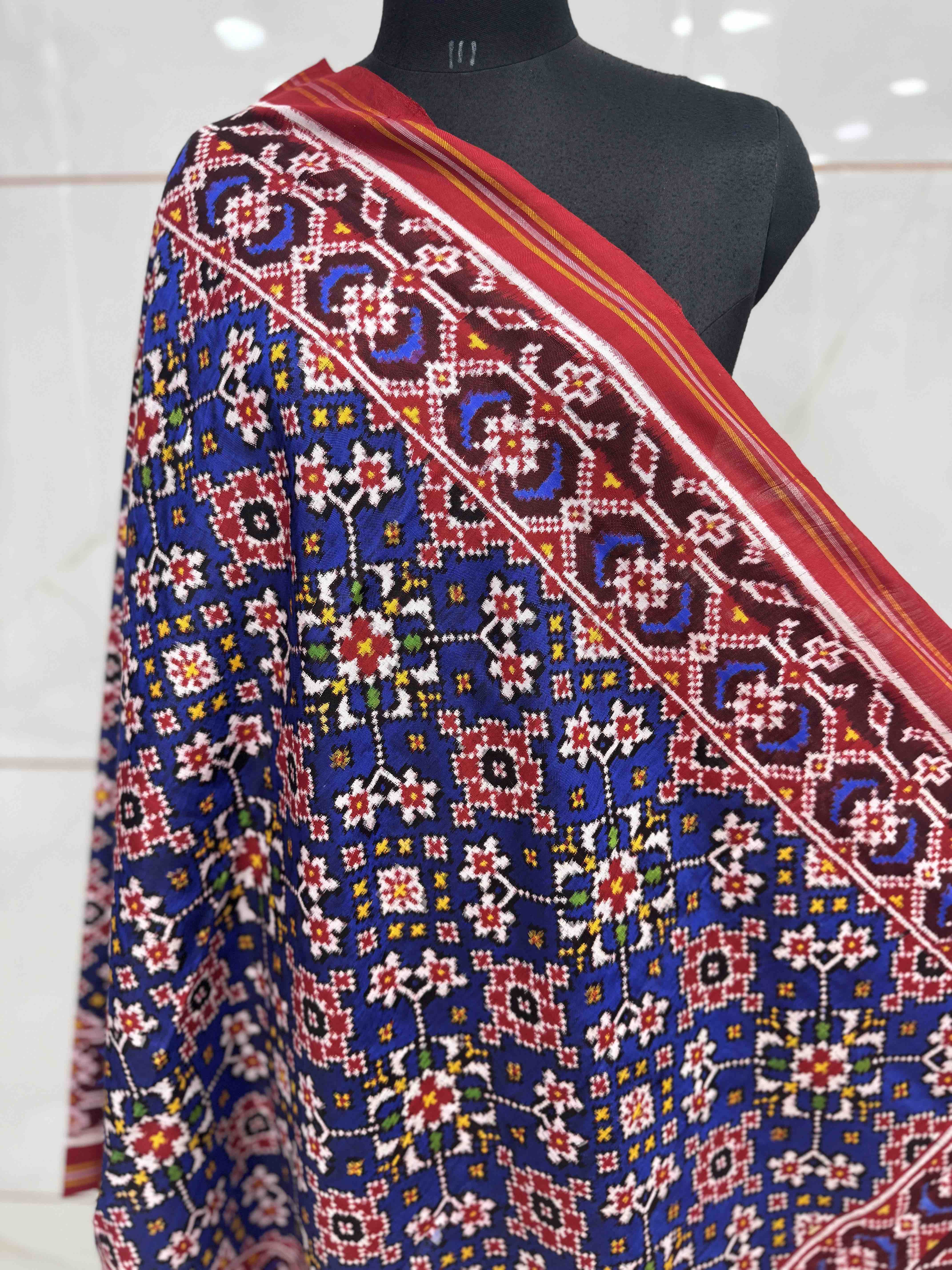 Red & Blue Navratan Double Ikat Dupatta