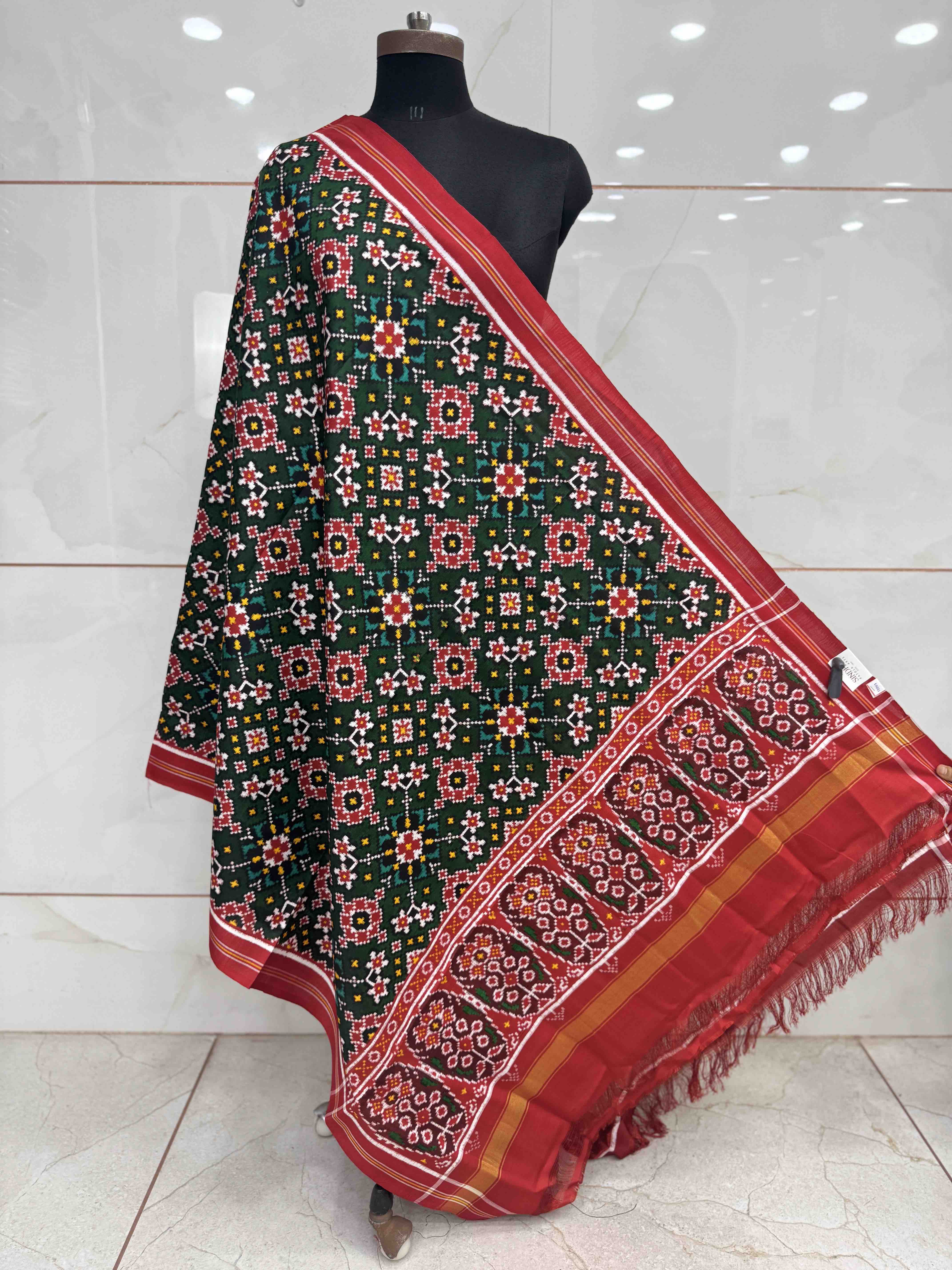 Red & Green Navratan Double Ikat Dupatta