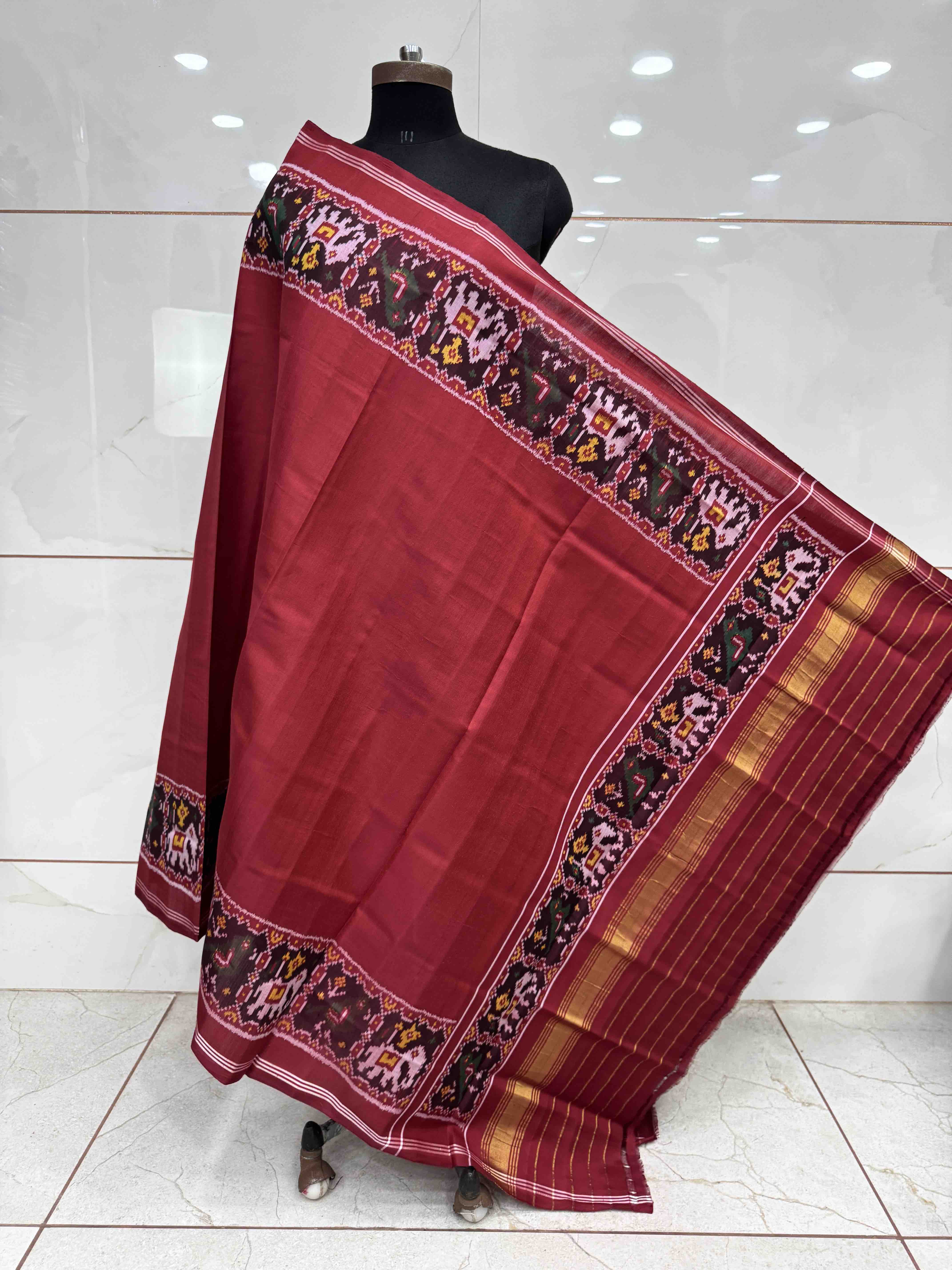Red Plain Semi Double Ikat Patola Dupatta