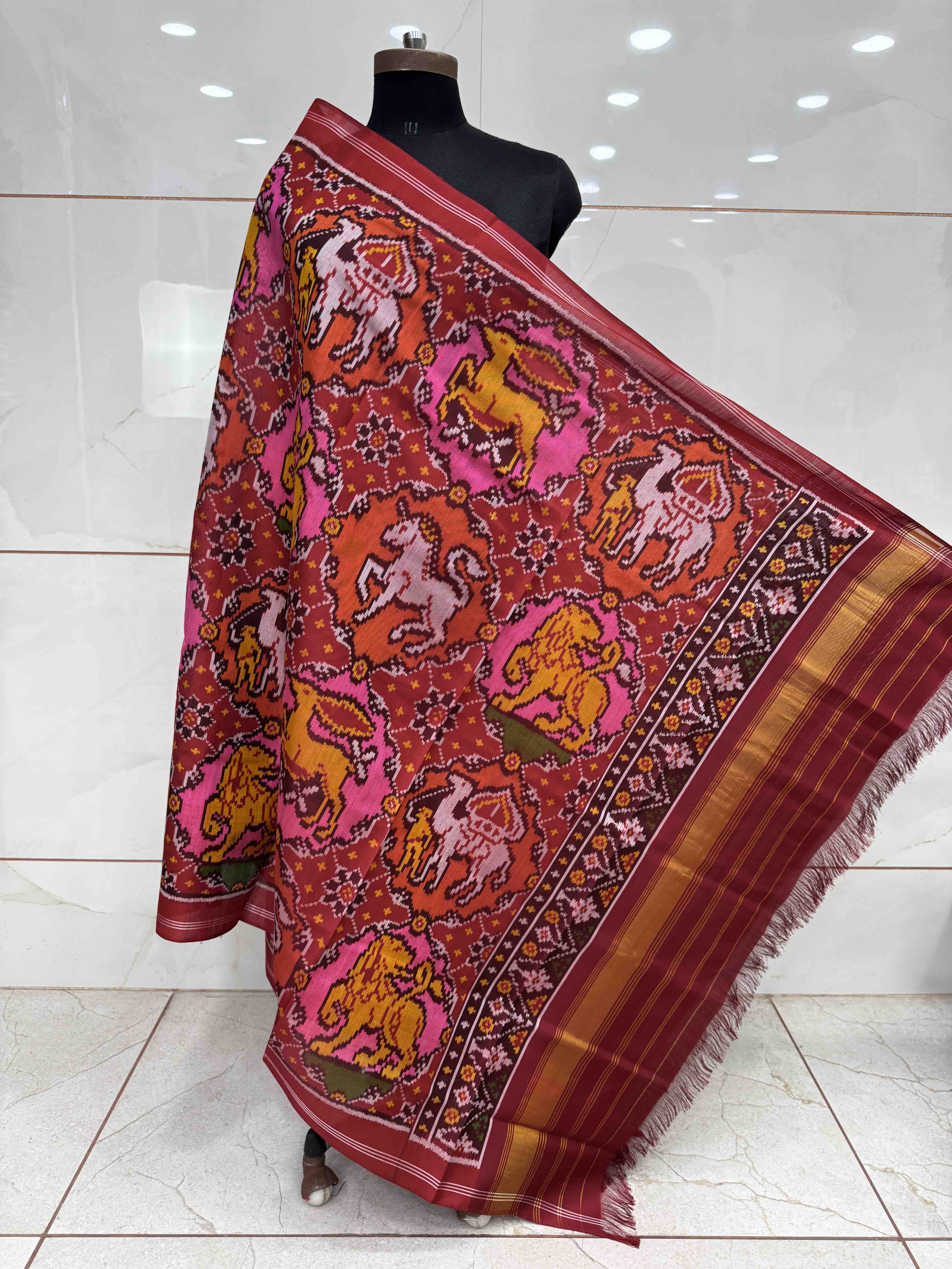 Red Multicolor Figure Motifs Semi Double Ikat Patola Dupatta