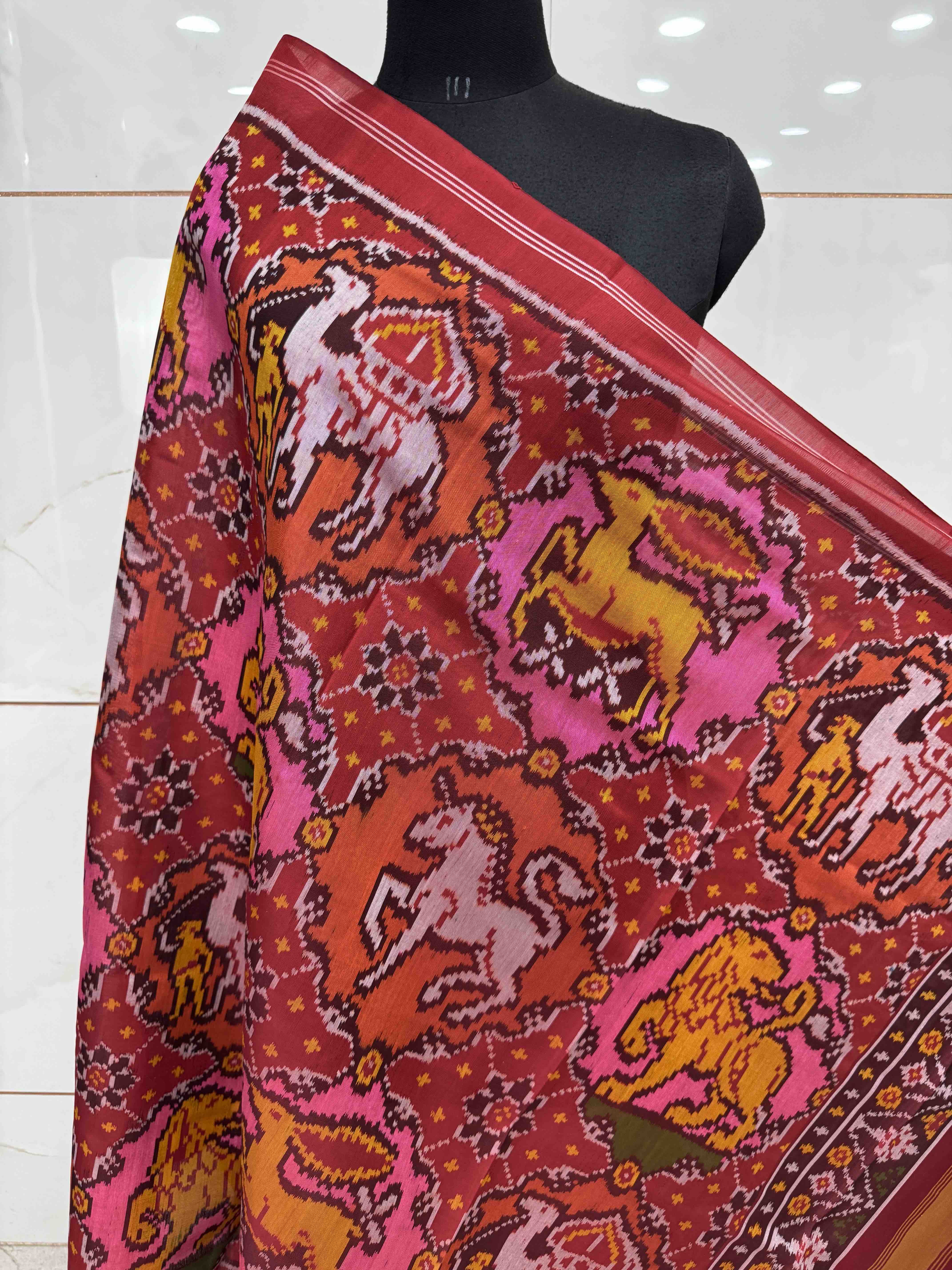 Red Multicolor Figure Motifs Semi Double Ikat Patola Dupatta