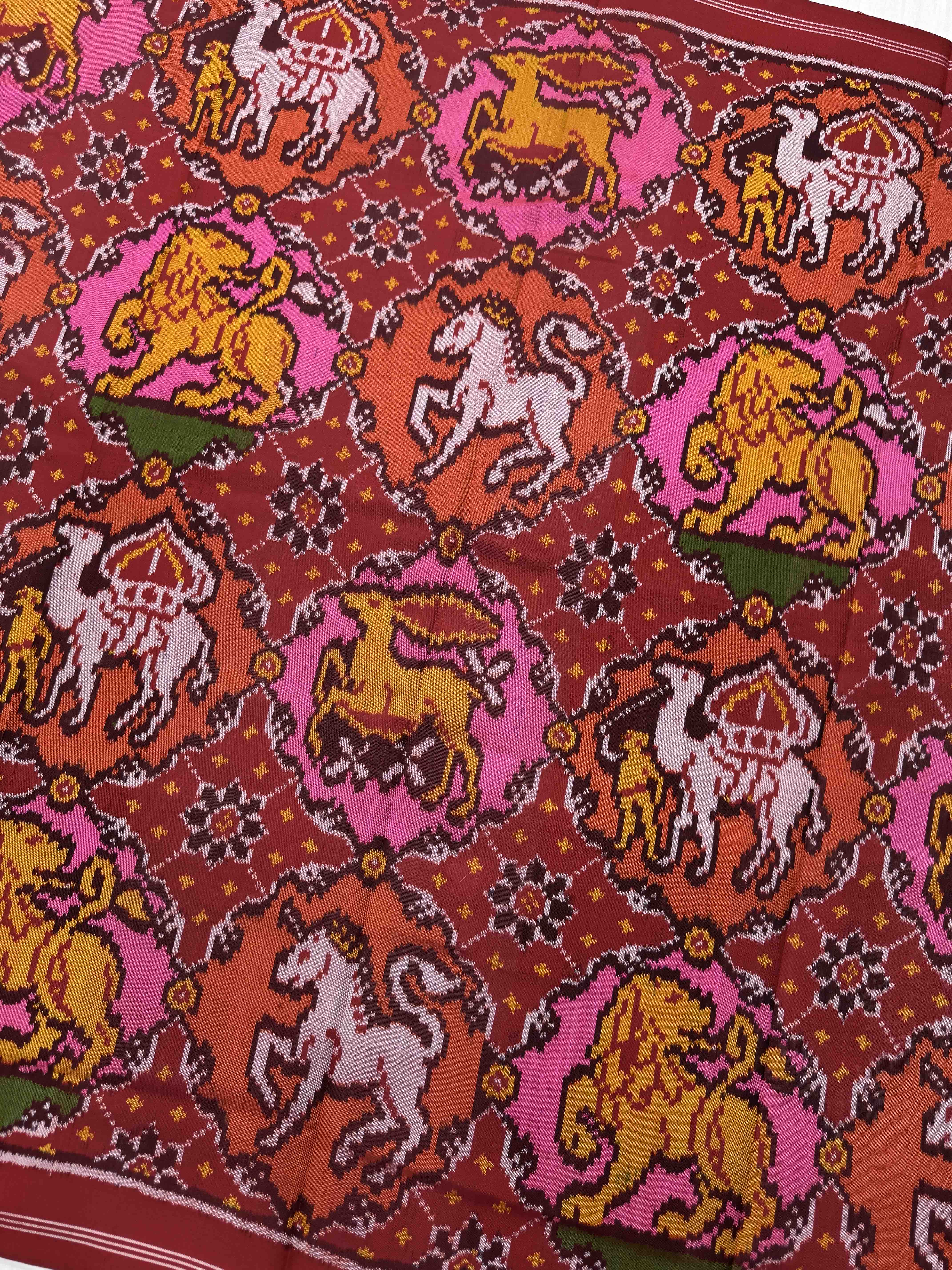 Red Multicolor Figure Motifs Semi Double Ikat Patola Dupatta
