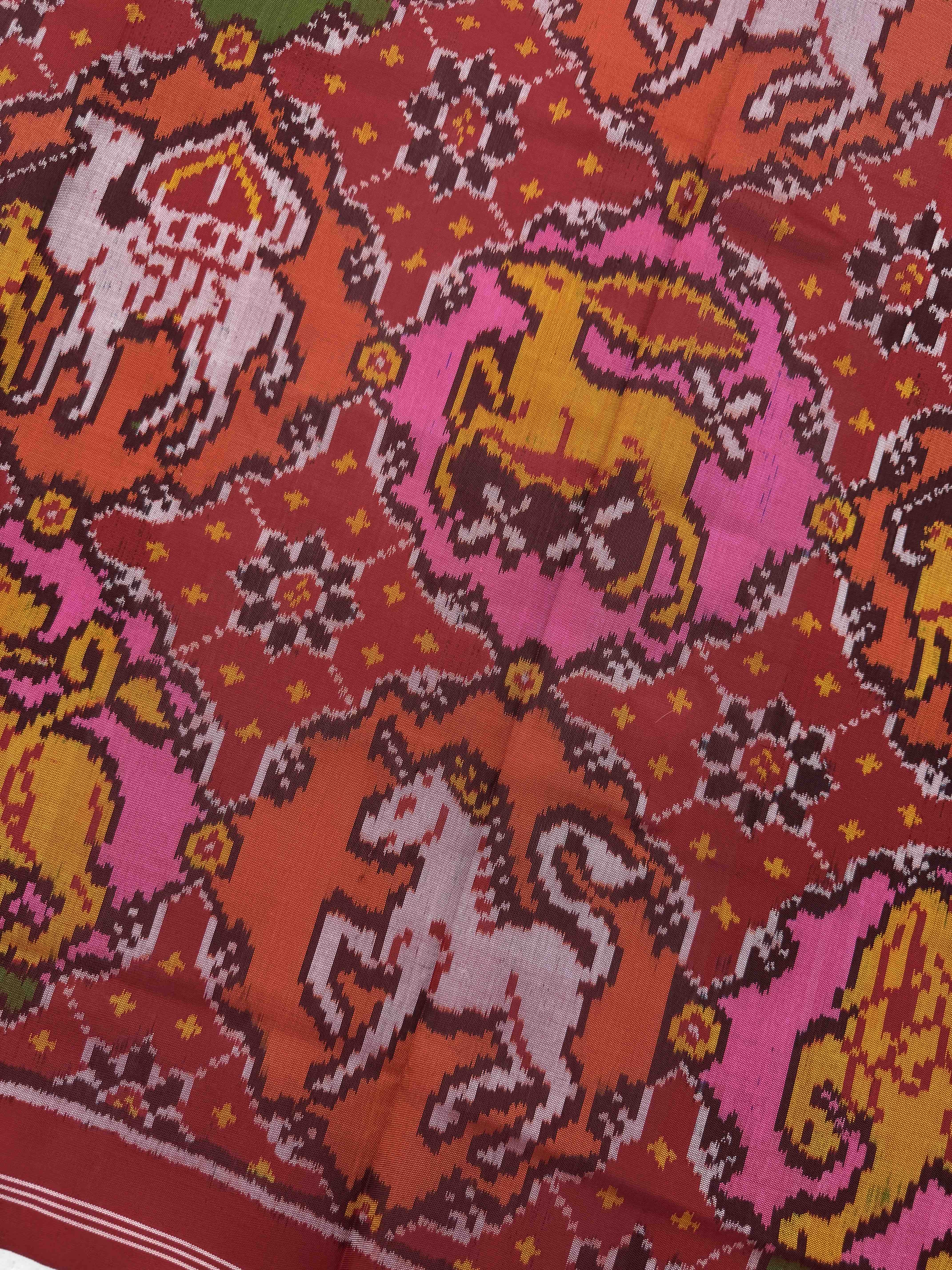 Red Multicolor Figure Motifs Semi Double Ikat Patola Dupatta