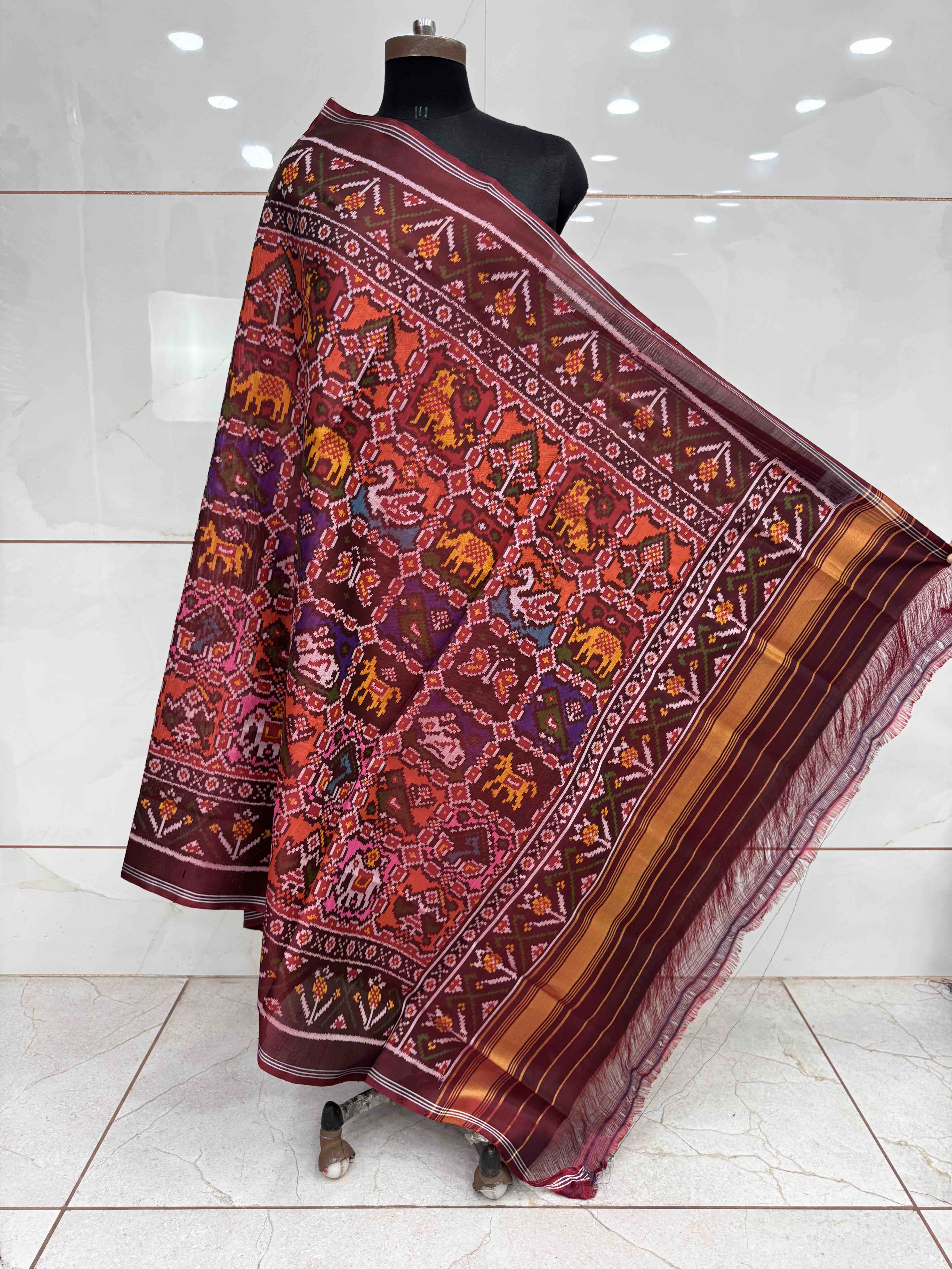 Dark Maroon Narikunj Semi Double Ikat Patola Dupatta