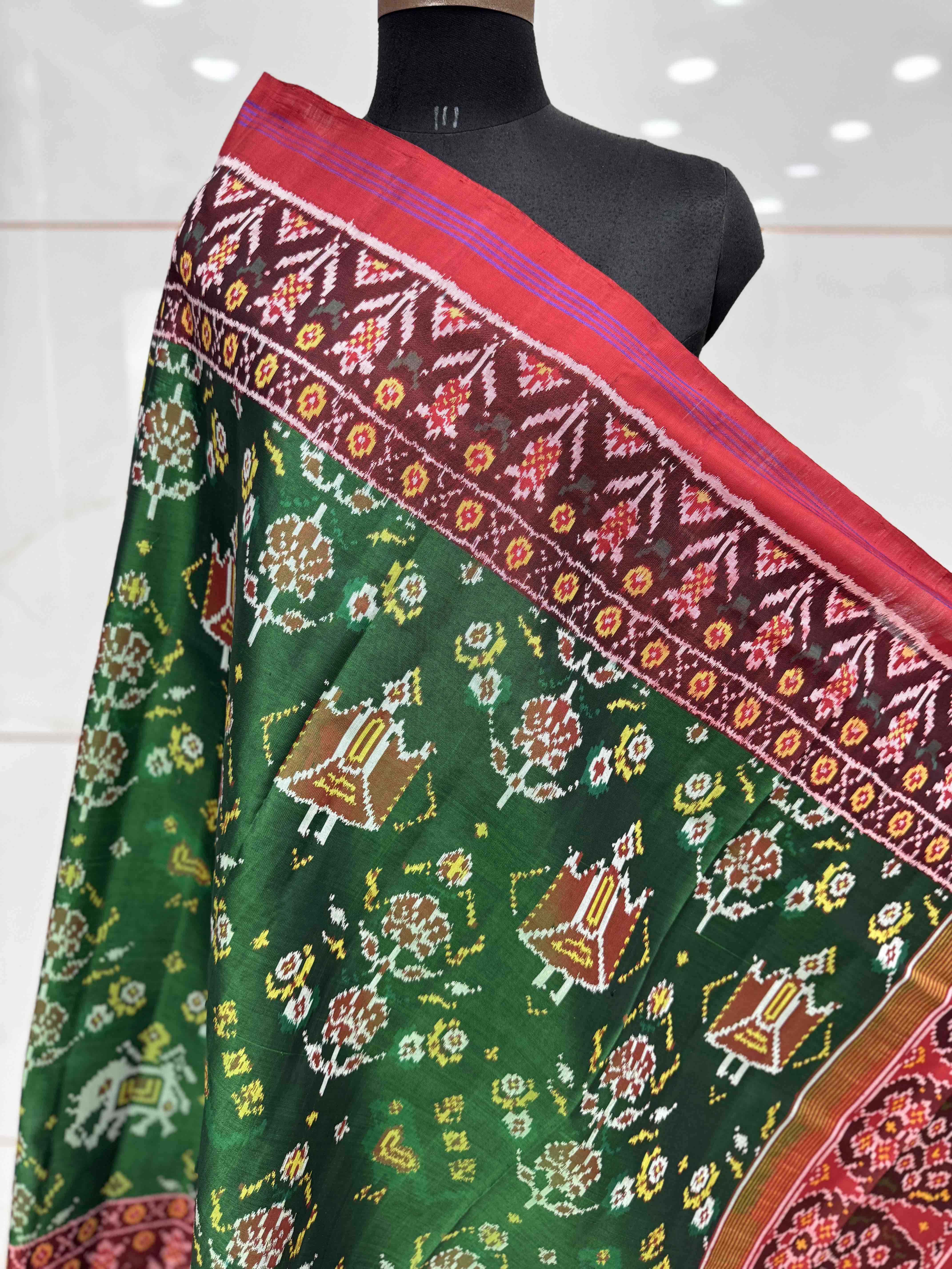 Red & Green Narikunj Semi Double Ikat Patola Dupatta