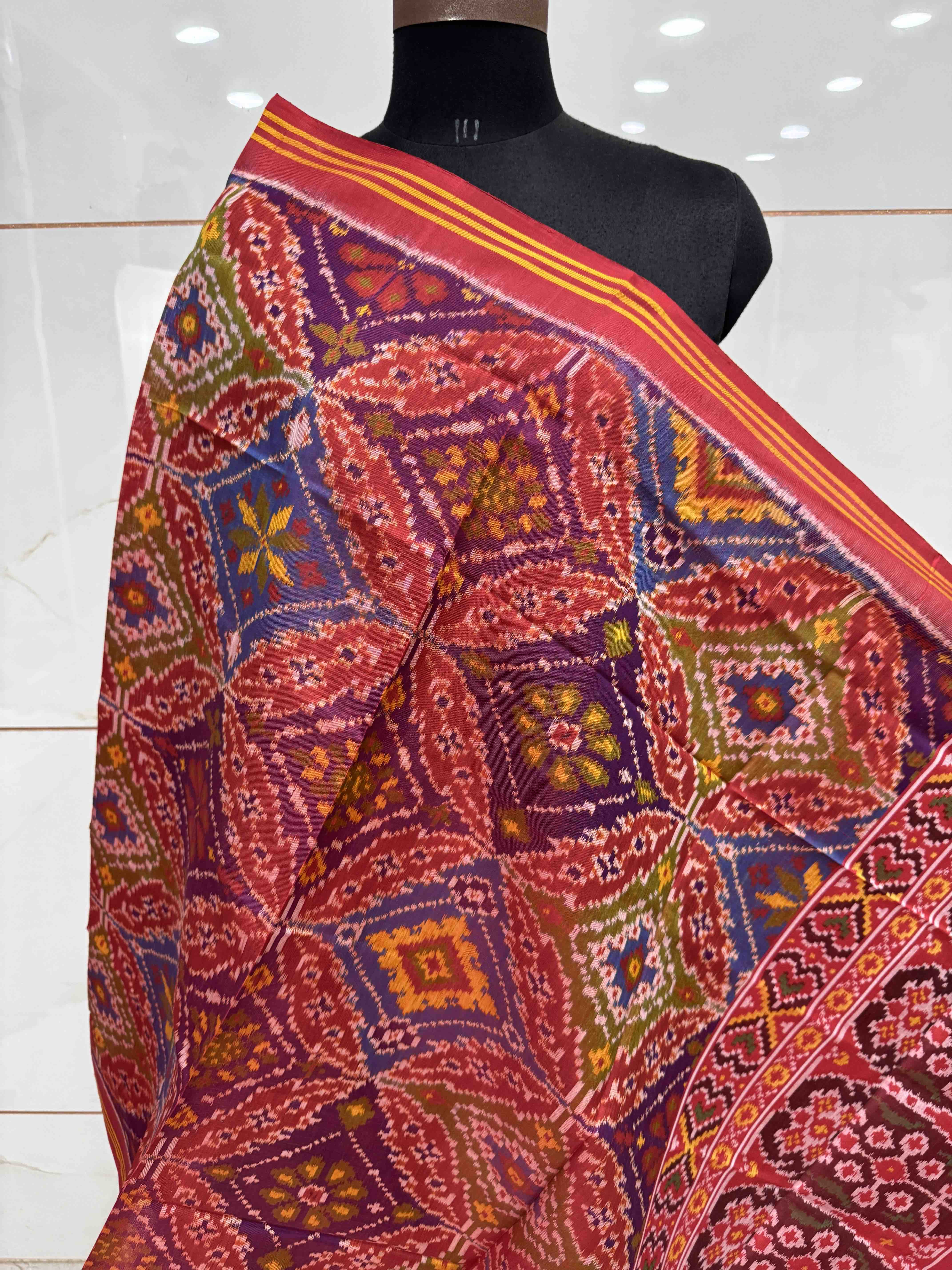 Red Multicolor Fancy Panchanda Semi Double Ikat Patola Dupatta
