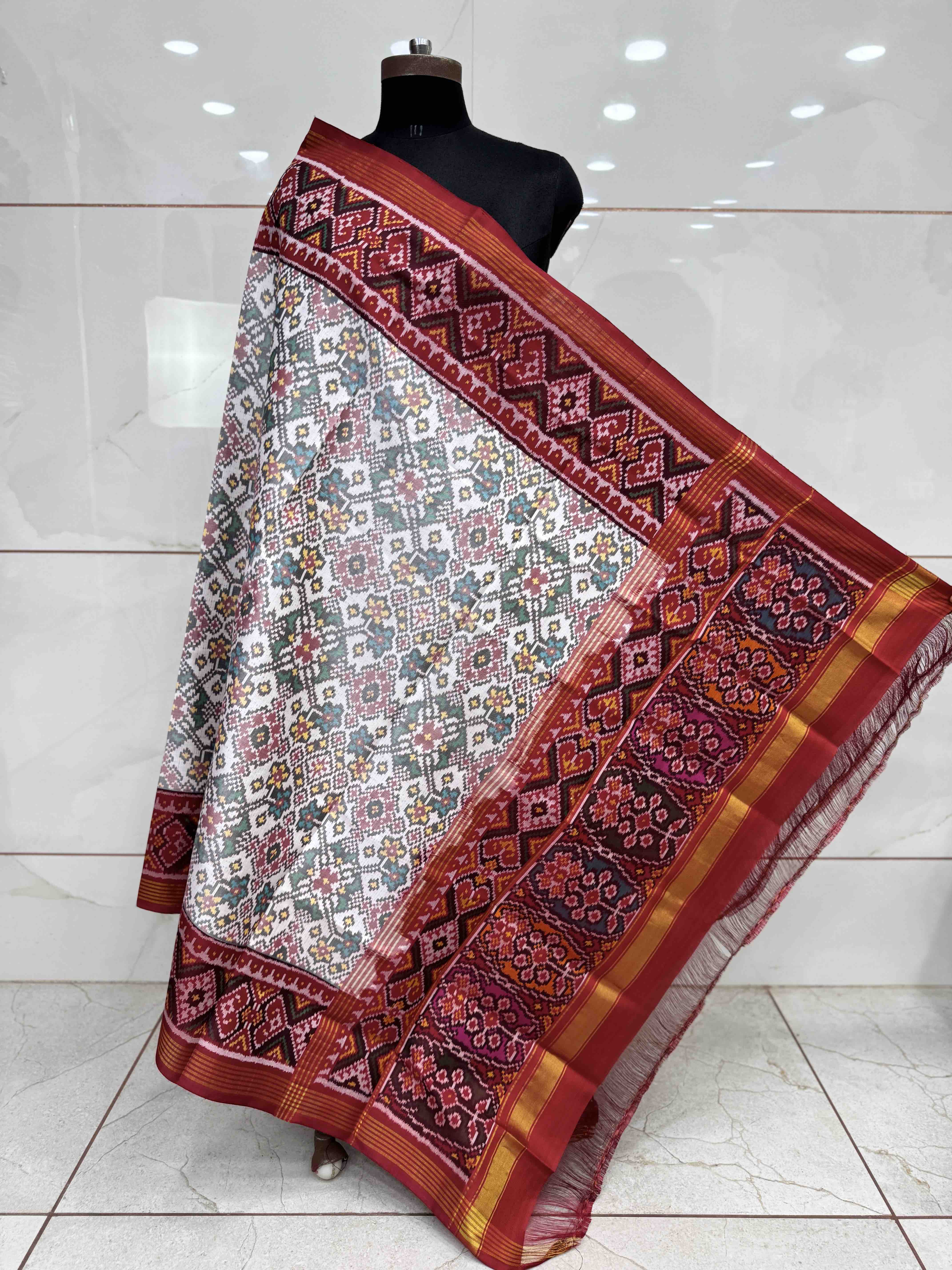 Red & White Navratan Semi Double Ikat Patola Dupatta