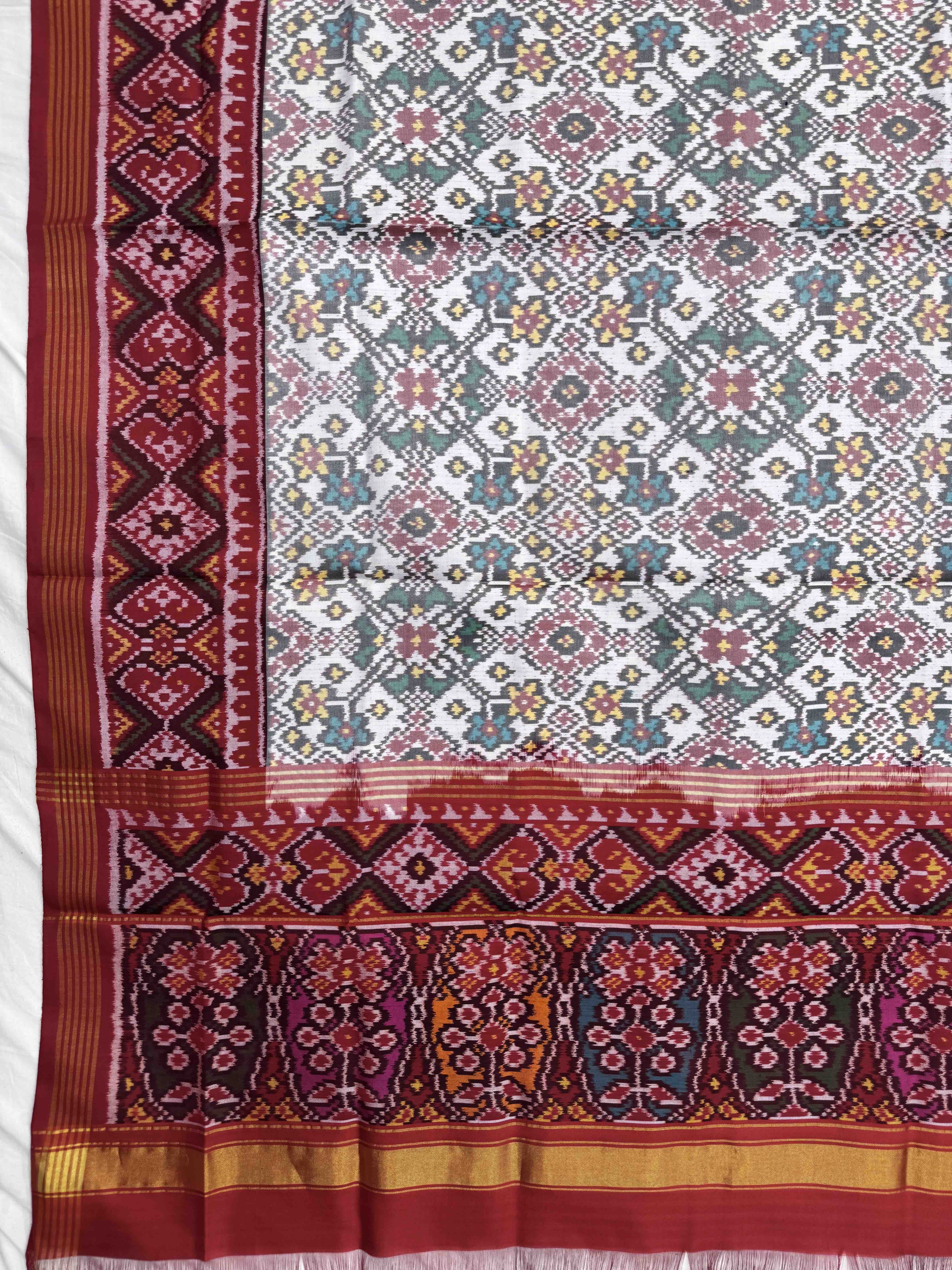 Red & White Navratan Semi Double Ikat Patola Dupatta