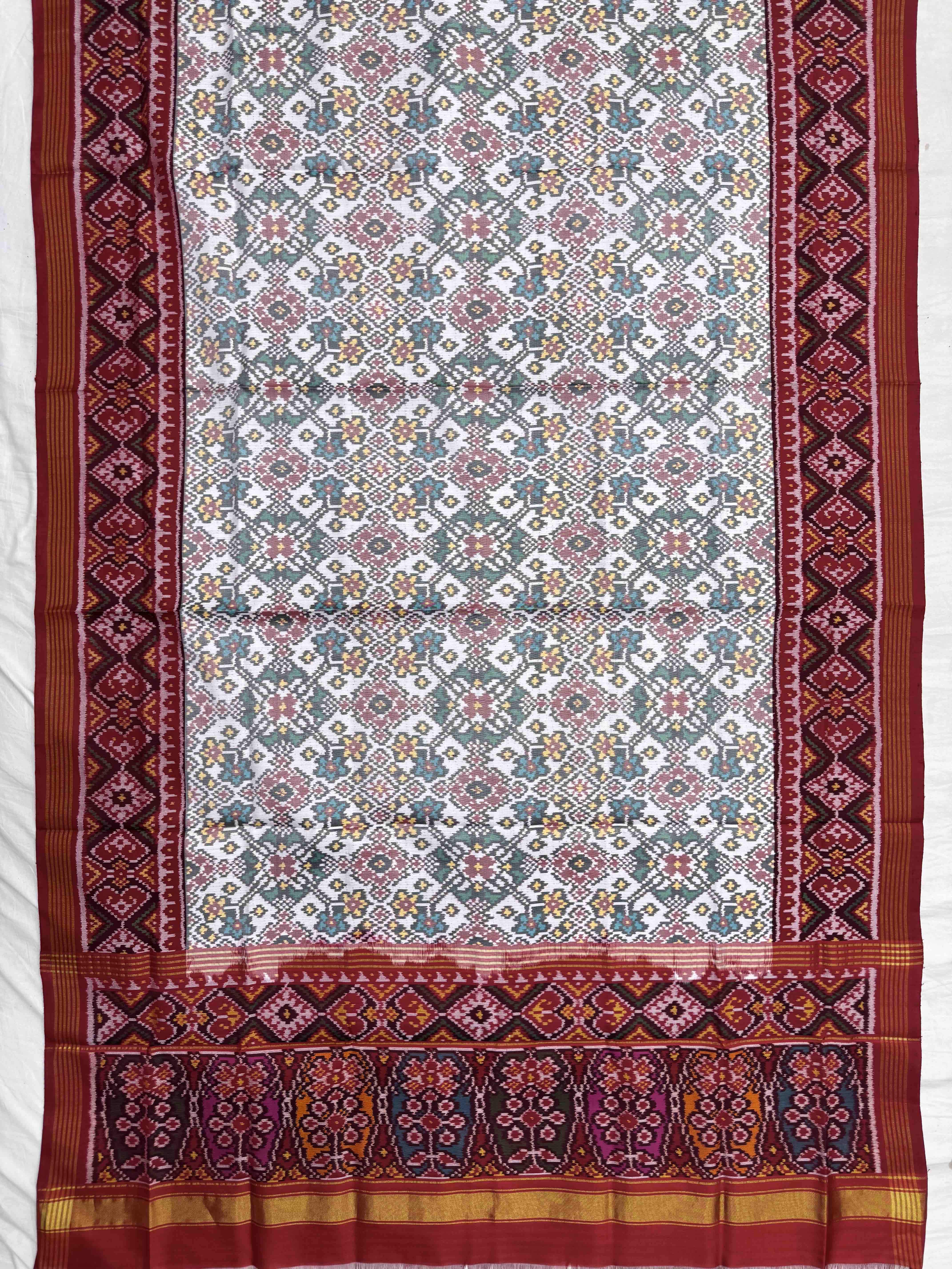 Red & White Navratan Semi Double Ikat Patola Dupatta