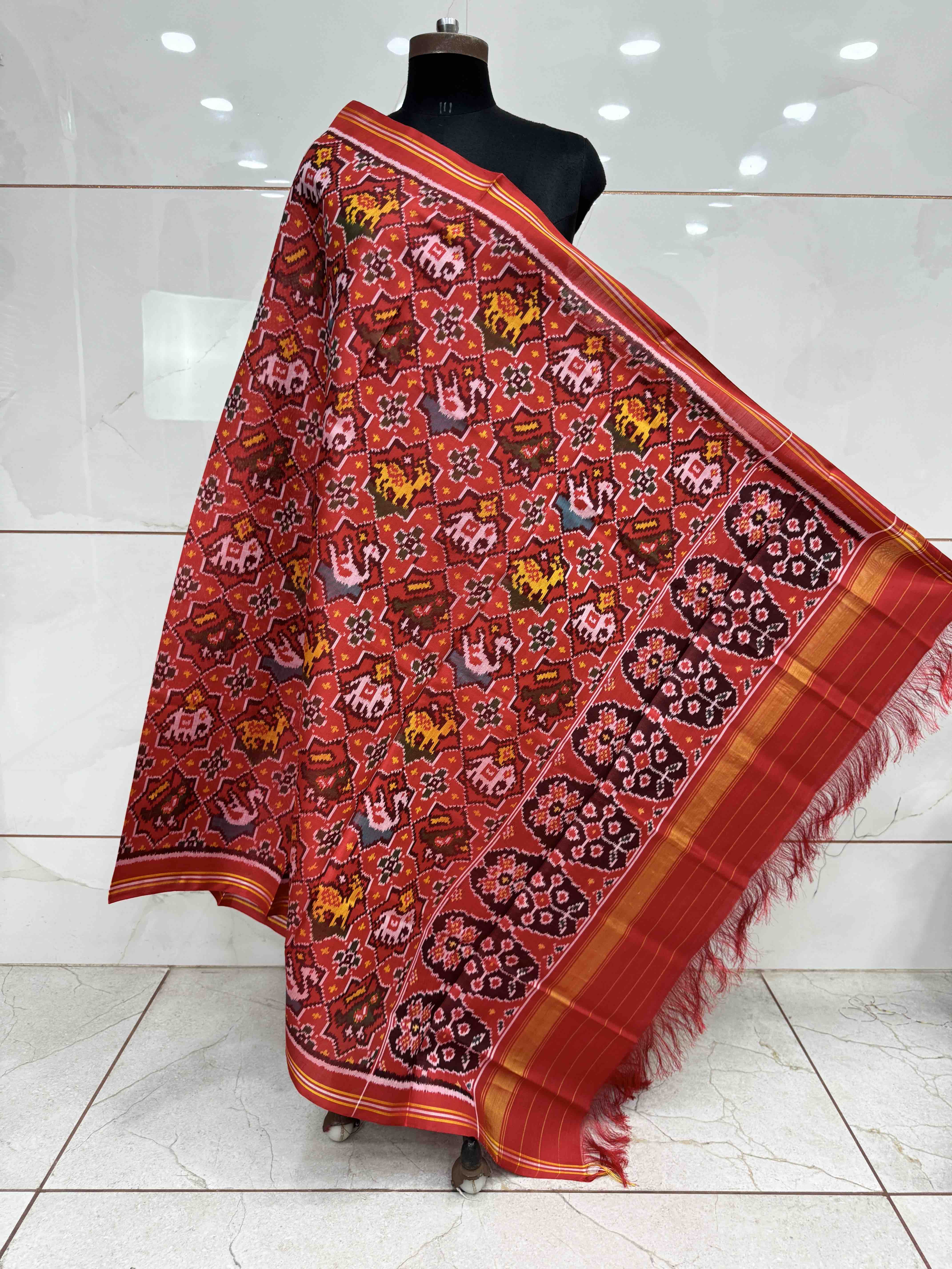 Crimson Red Small Star Narikunj Semi Double Ikat Patola Dupatta