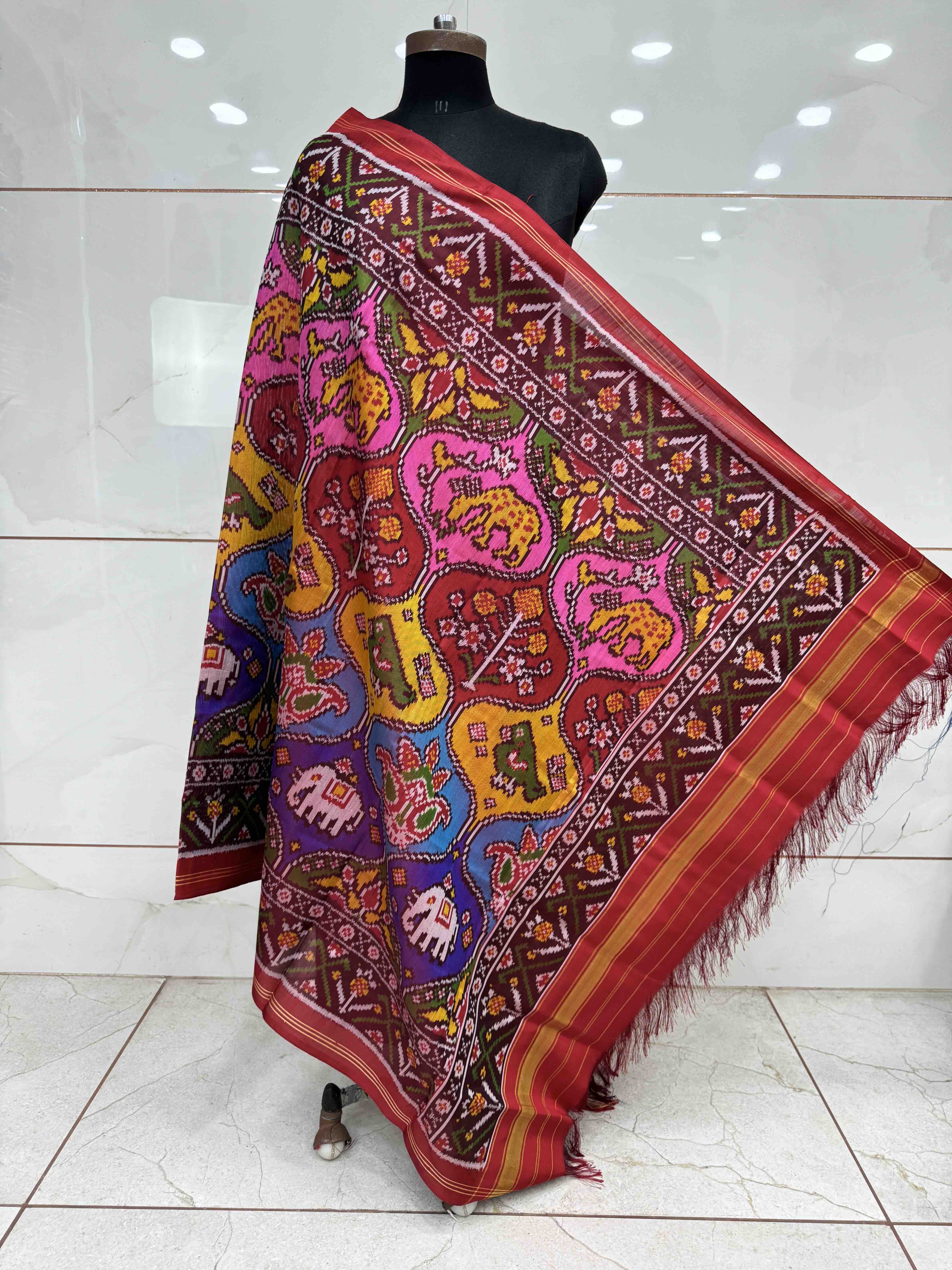 Red & Multicolor Matka Figure Motifs Semi Double Ikat Patola Dupatta