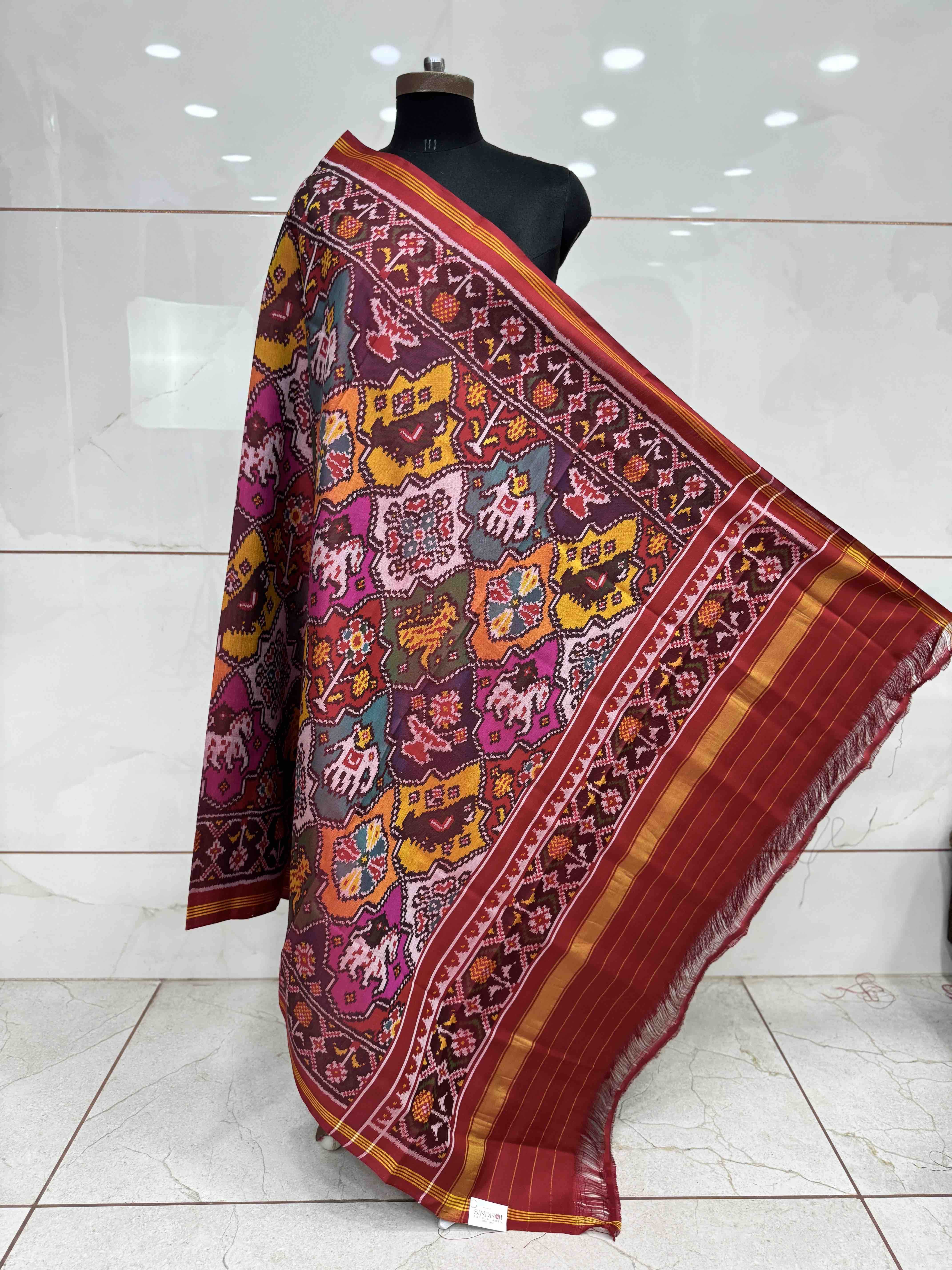 Red & Multicolor Fancy Narikunj Semi Double Ikat Patola Dupatta