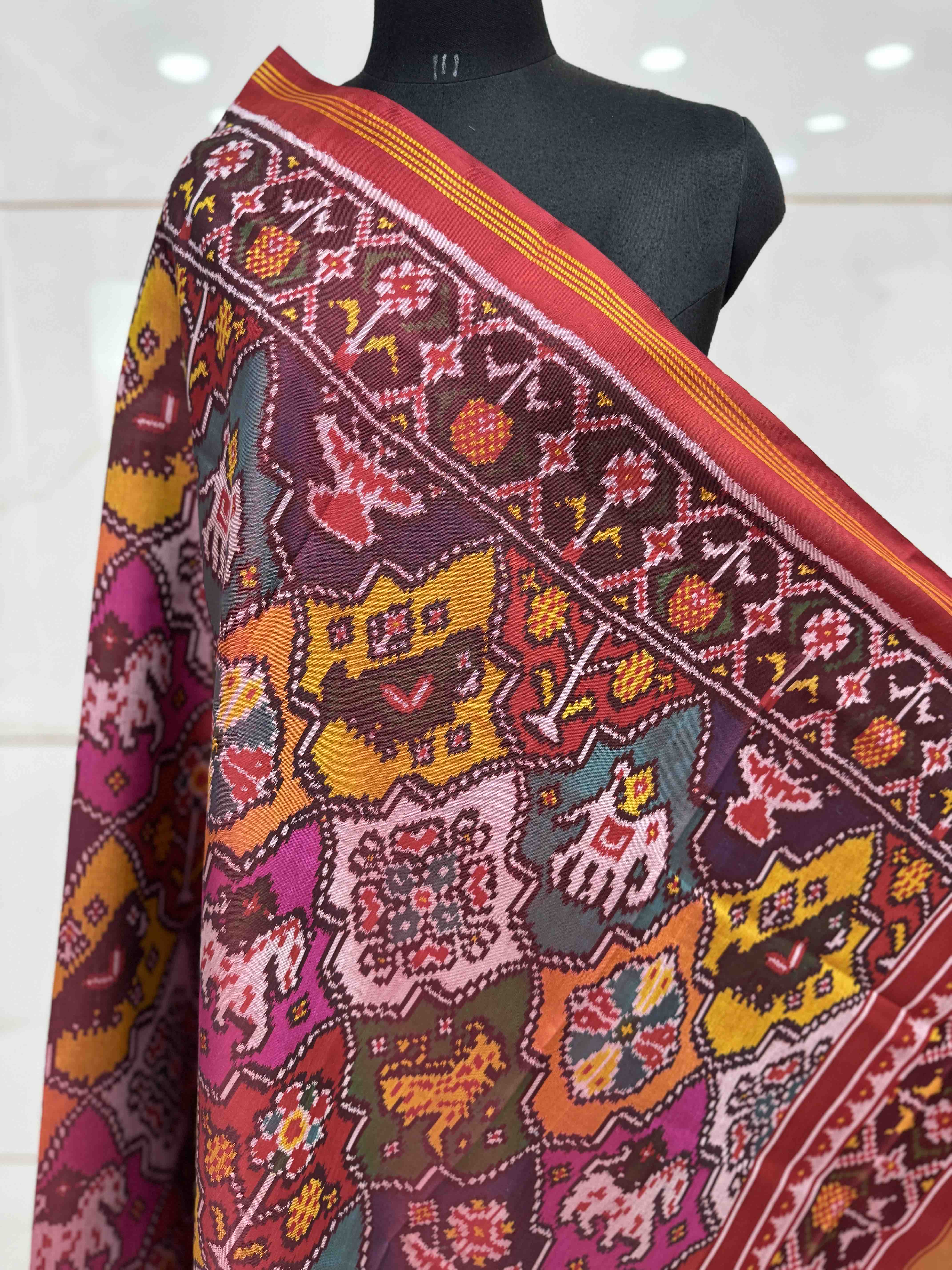 Red & Multicolor Fancy Narikunj Semi Double Ikat Patola Dupatta