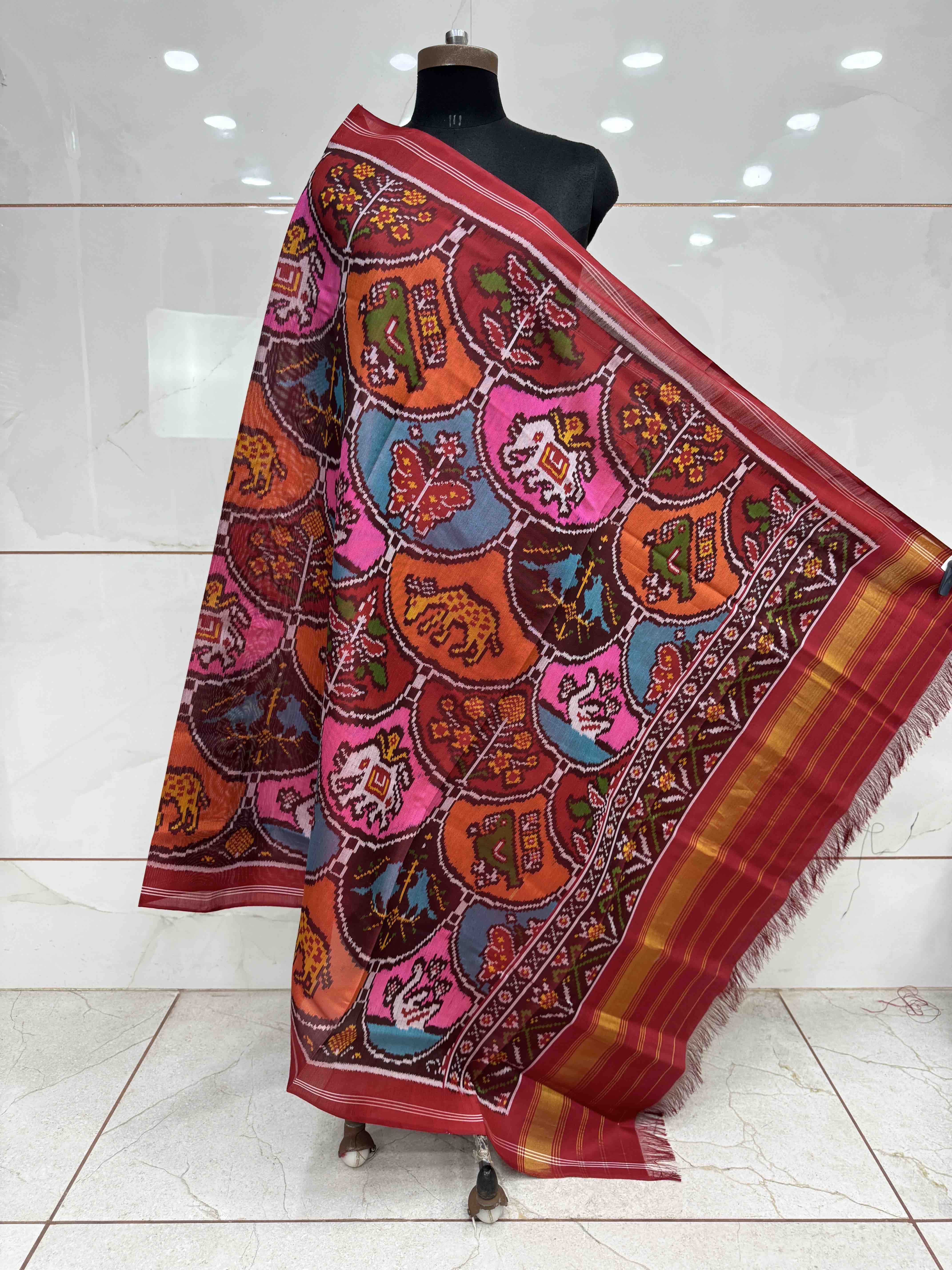 Red & Multicolor Fancy Figure Motifs Semi Double Ikat Patola Dupatta