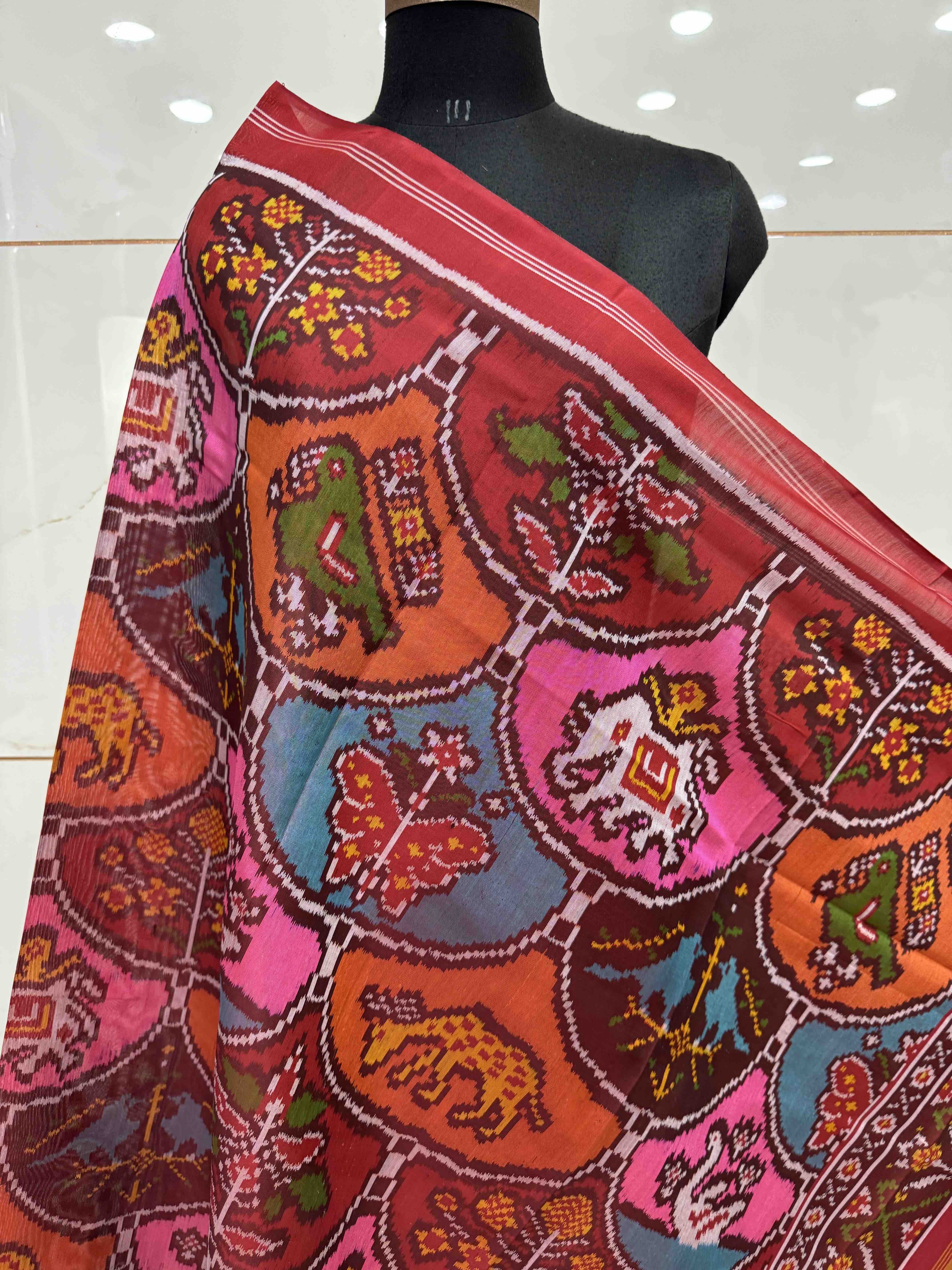 Red & Multicolor Fancy Figure Motifs Semi Double Ikat Patola Dupatta