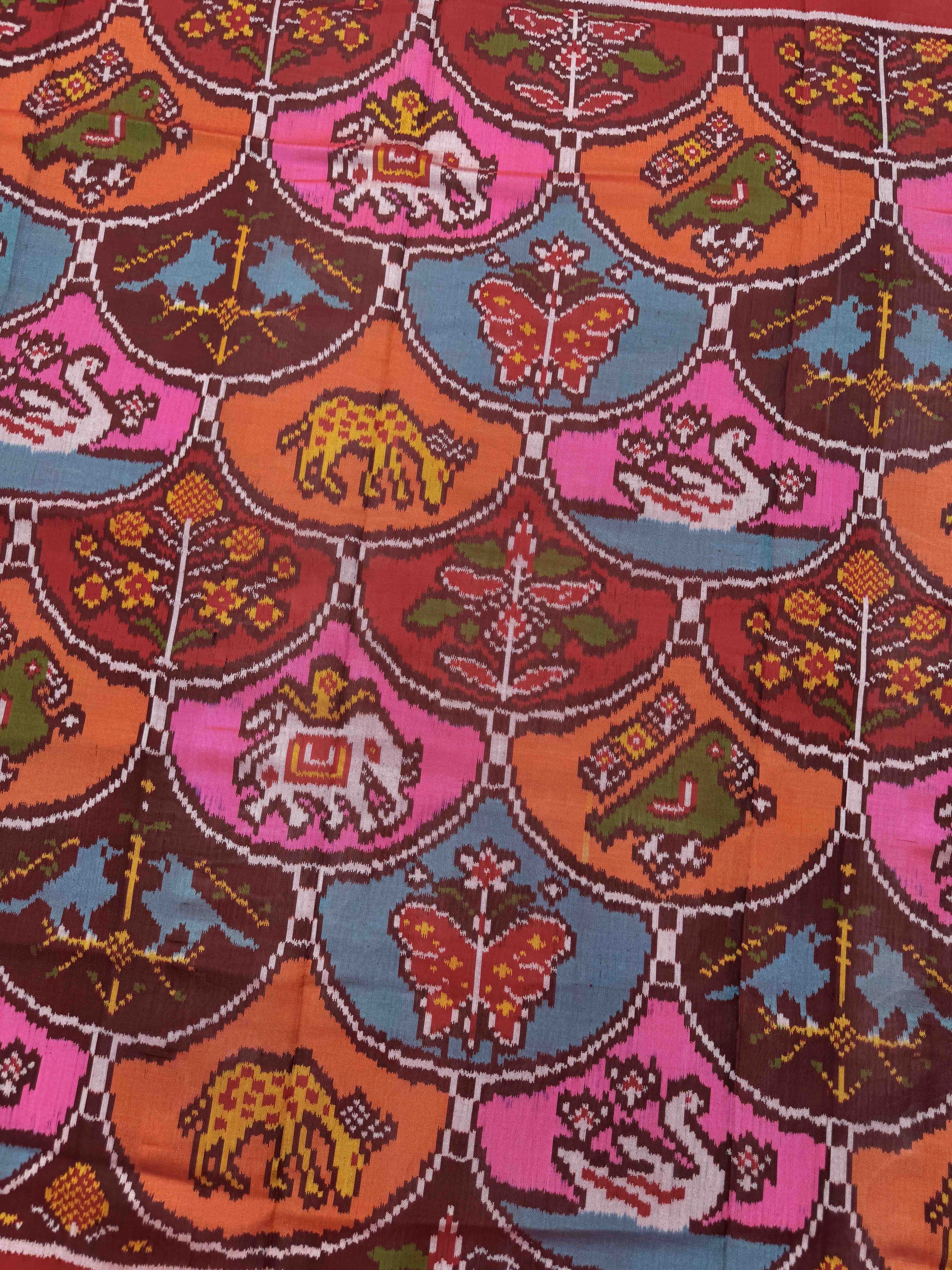 Red & Multicolor Fancy Figure Motifs Semi Double Ikat Patola Dupatta