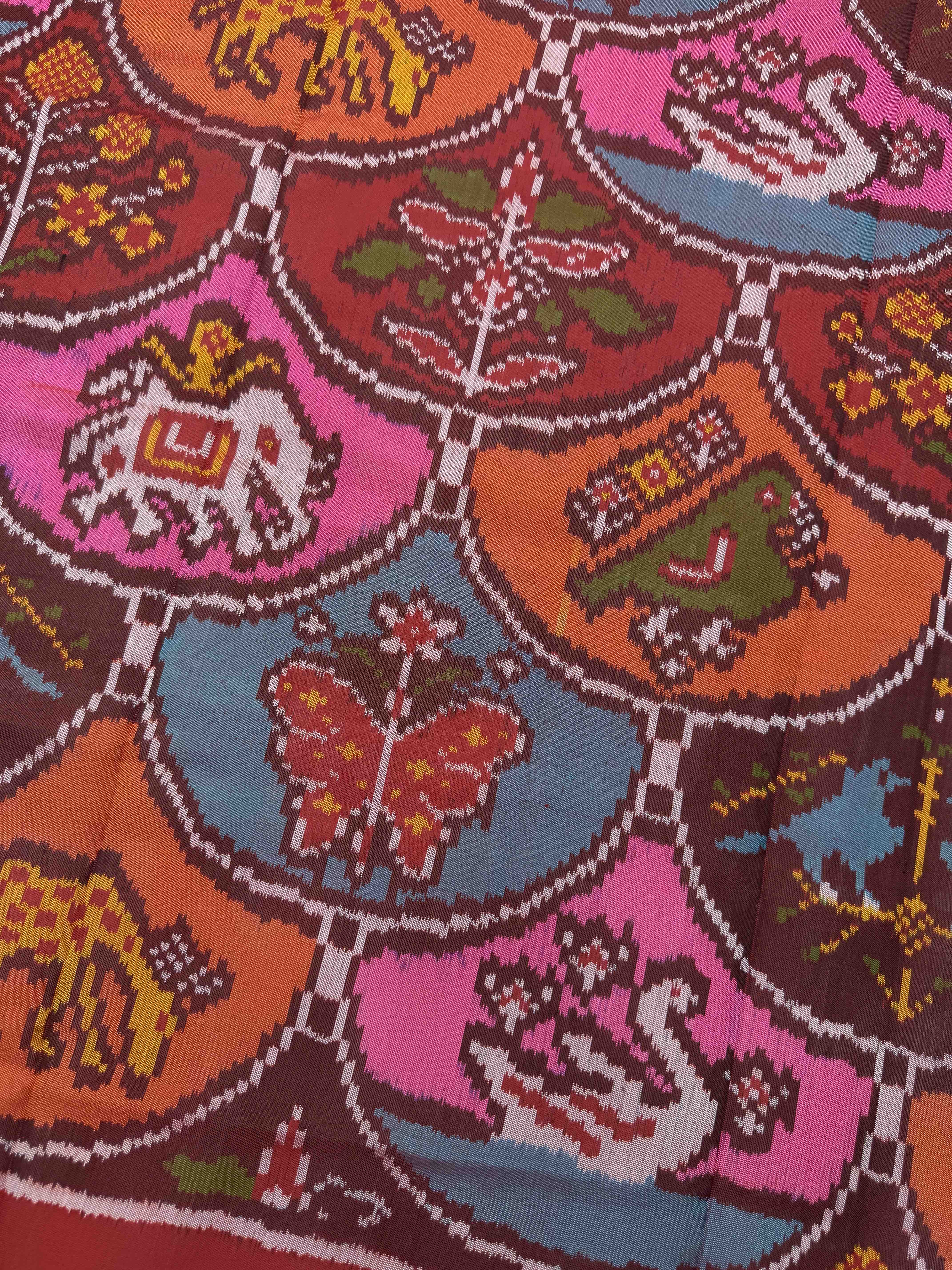 Red & Multicolor Fancy Figure Motifs Semi Double Ikat Patola Dupatta