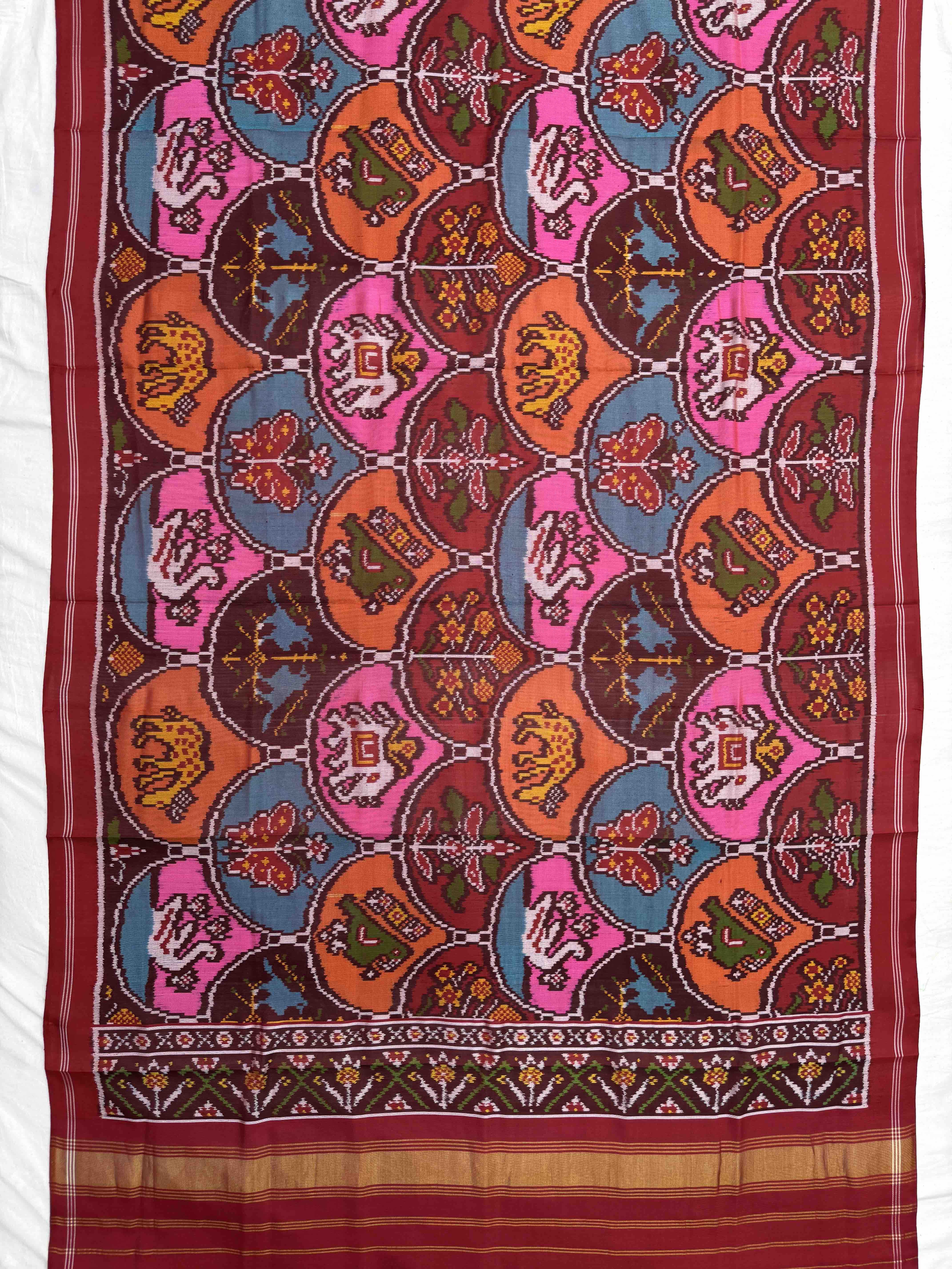 Red & Multicolor Fancy Figure Motifs Semi Double Ikat Patola Dupatta