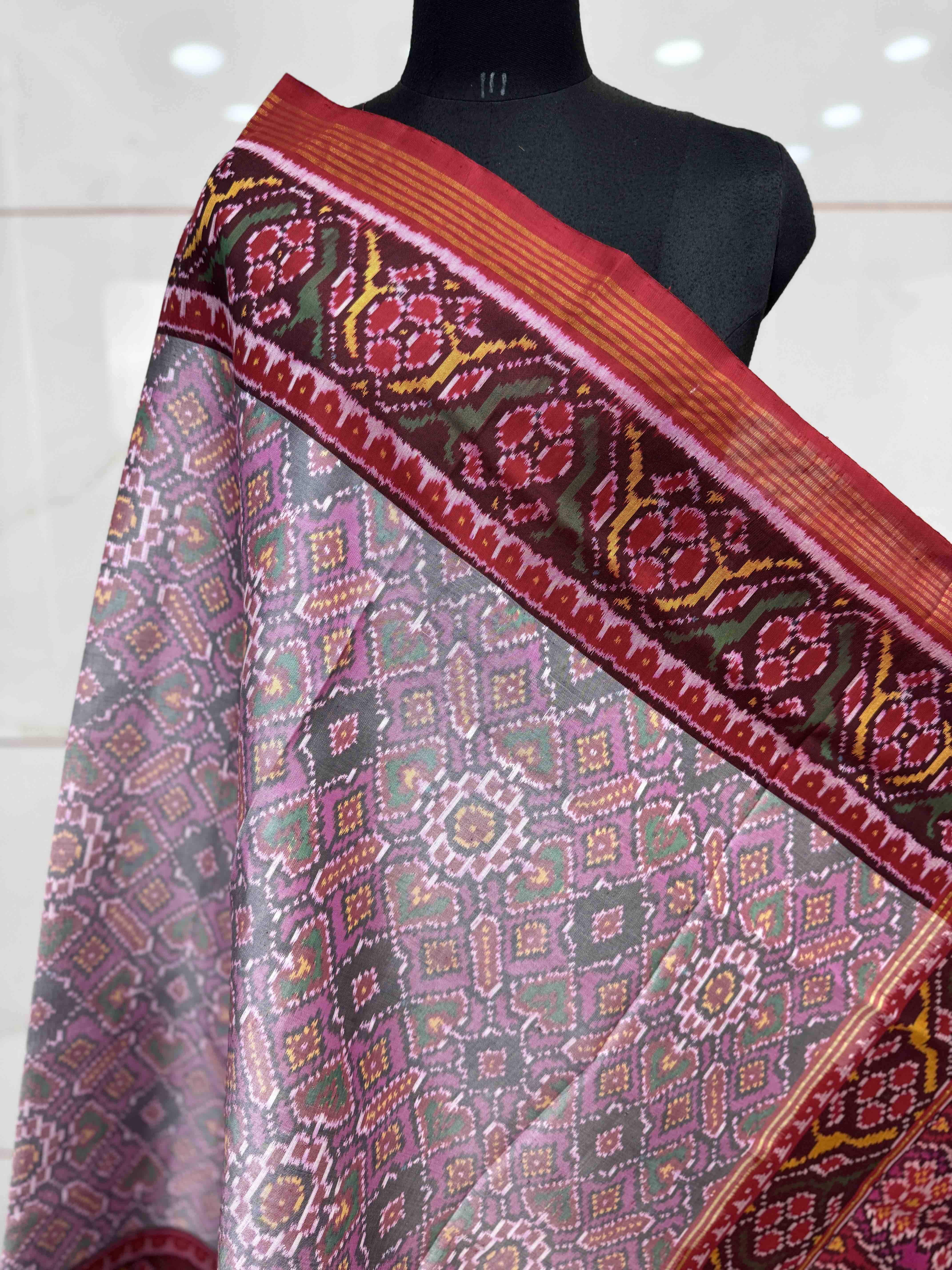 Red & Light Pink Manekchow Semi Double Ikat Patola Dupatta