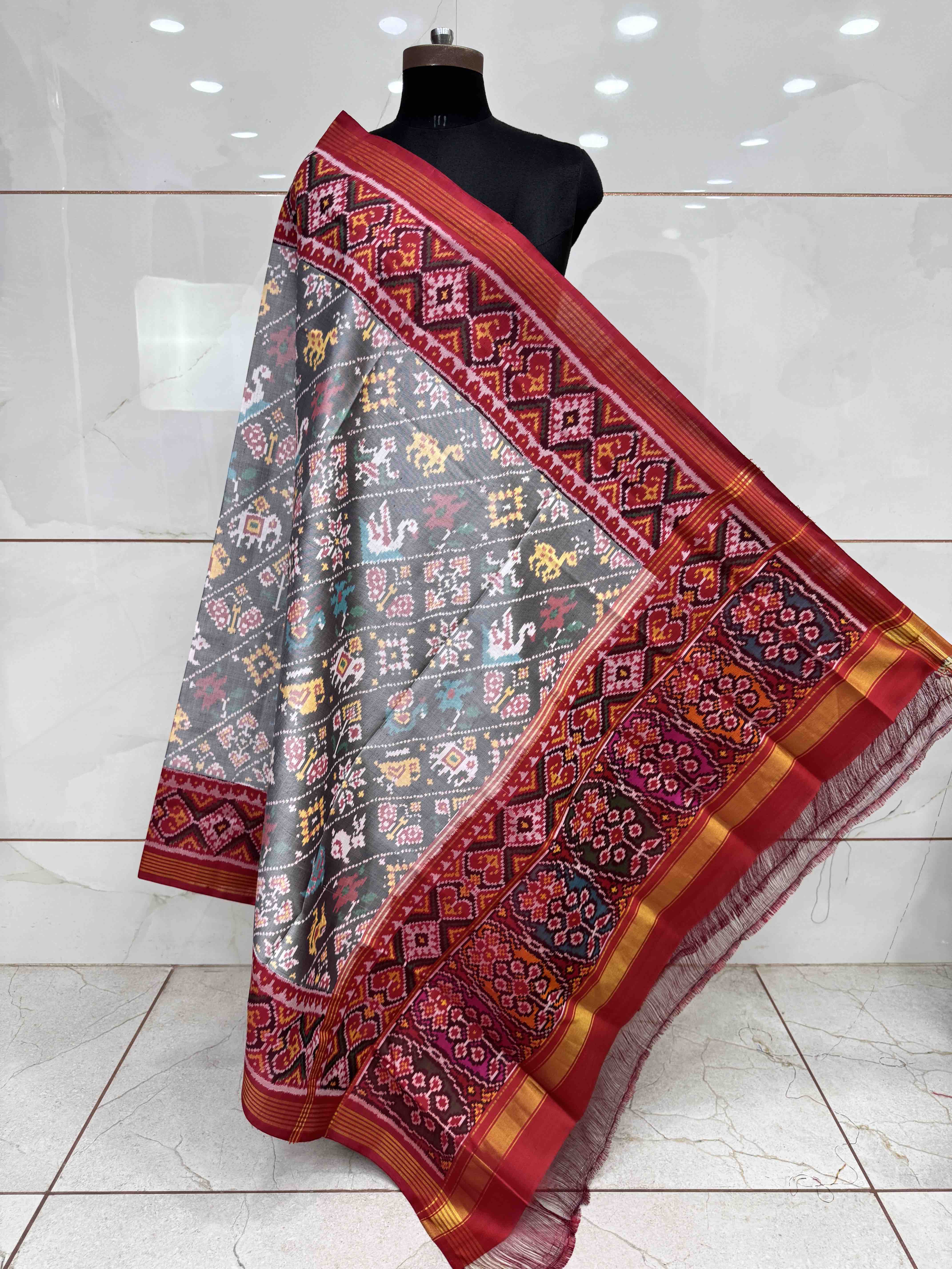 Red & Grey Leheriya Narikunj Semi Double Ikat Patola Dupatta