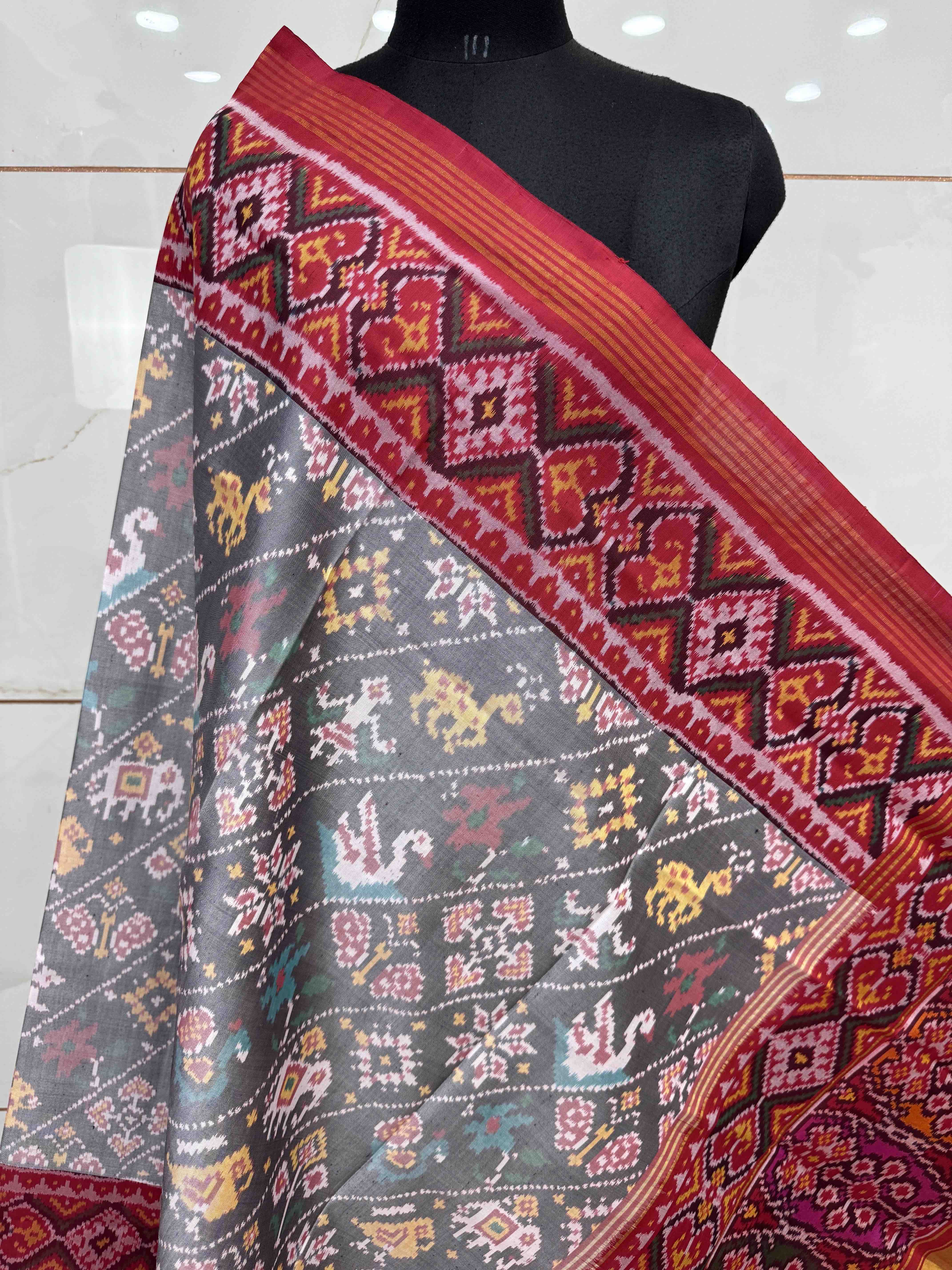 Red & Grey Leheriya Narikunj Semi Double Ikat Patola Dupatta