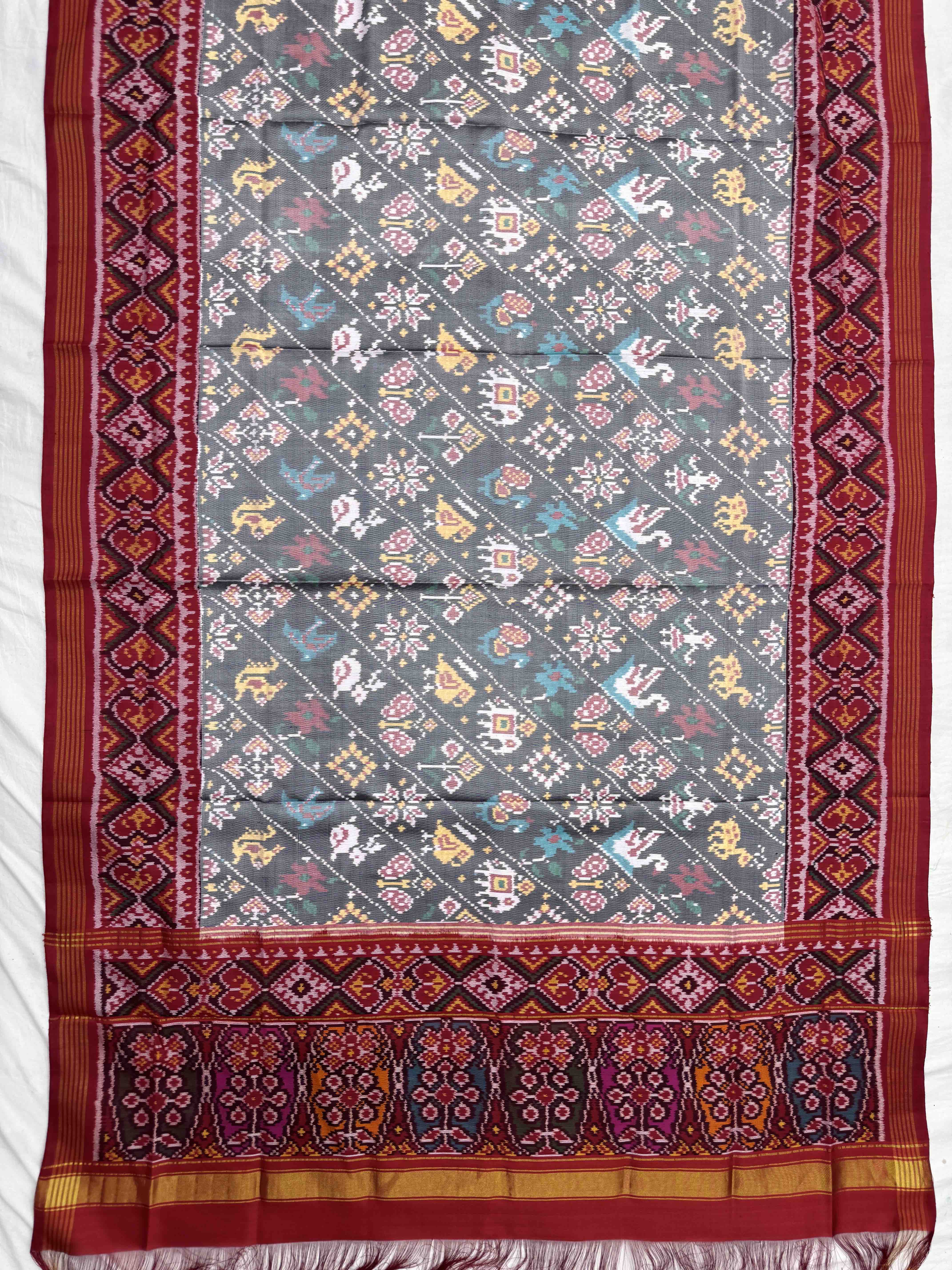 Red & Grey Leheriya Narikunj Semi Double Ikat Patola Dupatta