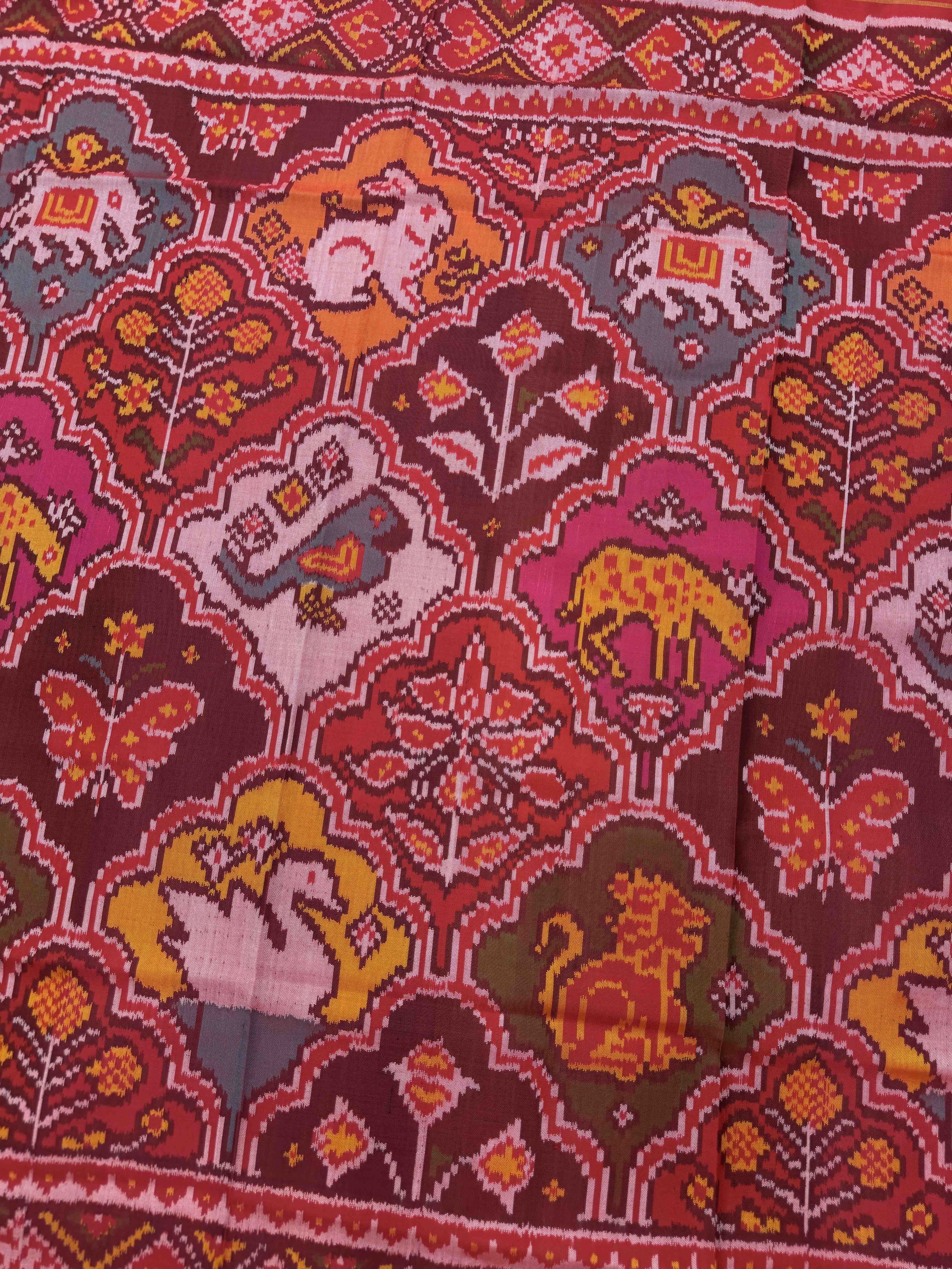 Red & Multicolor Figure Motifs Semi Double Ikat Patola Dupatta