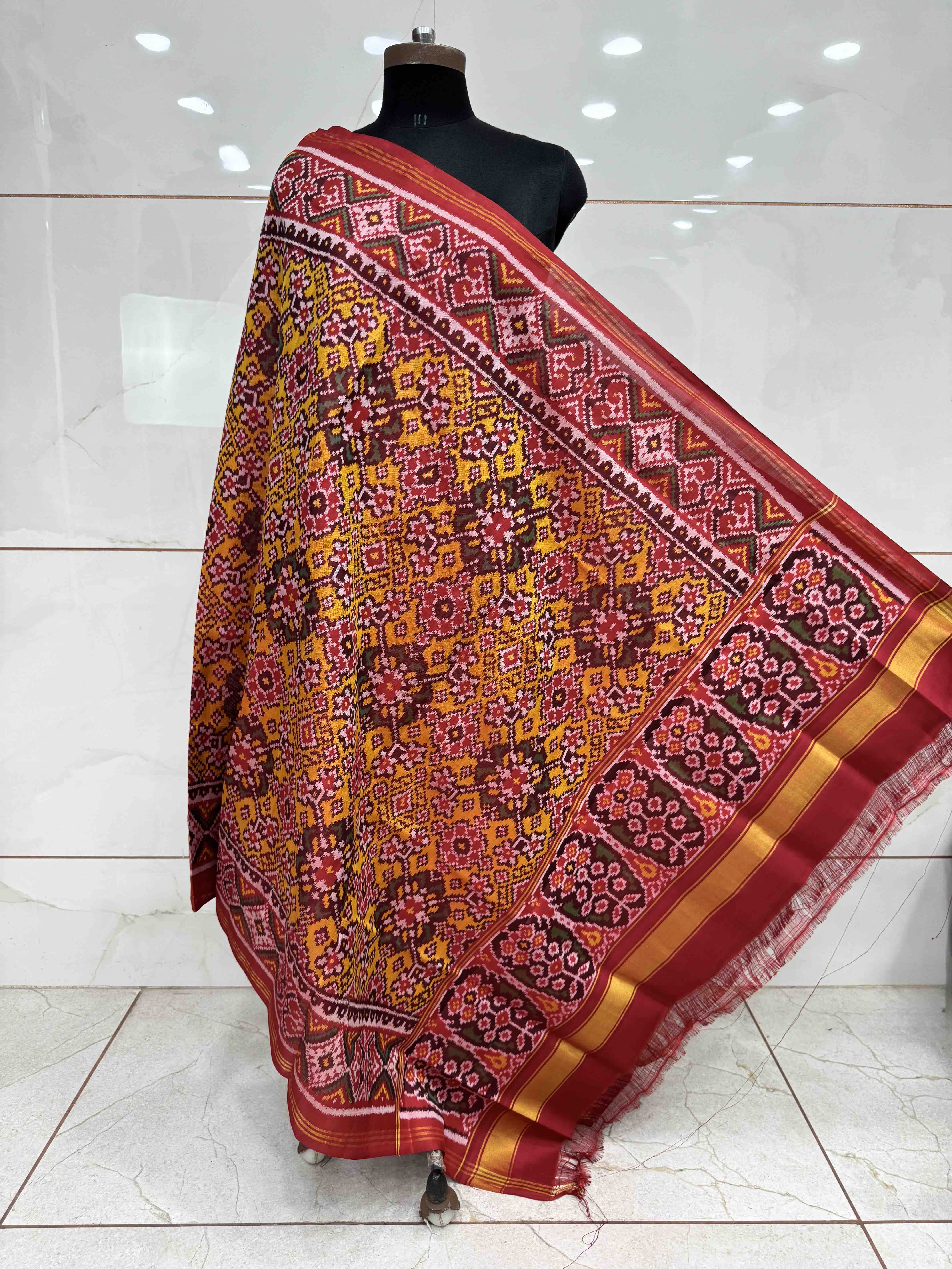 Red & Murtard Yellow Navratan Semi Double Ikat Patola Dupatta